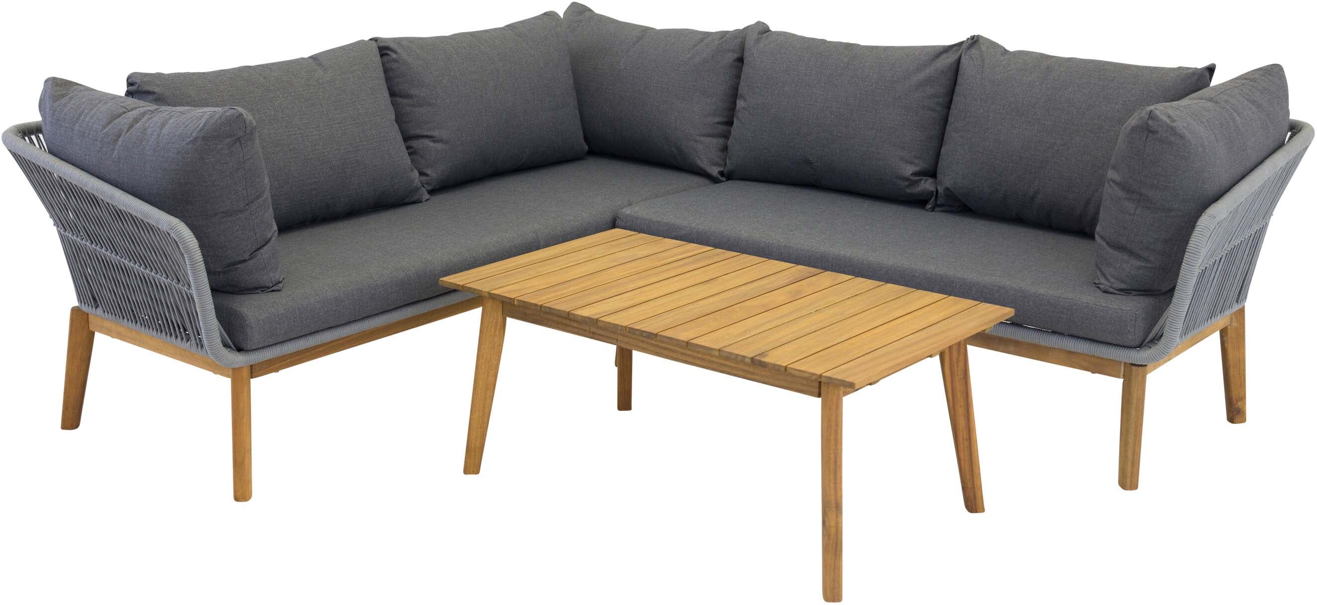 Chania Ecksofa Outdoorset 110cm: Elegantes Loungeset für 4 Personen, wetterfest, mit robustem Aluminiumgestell und Akazienholzbeinen.
