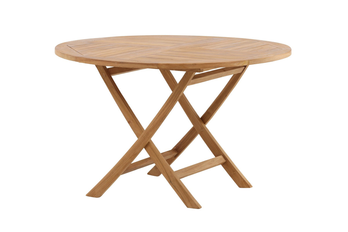 Runder Gartentisch Kenya aus Teakholz in Natur, Ø 120 cm, klappbare Tischplatte, auf Terrasse im Aussenbereich platziert.