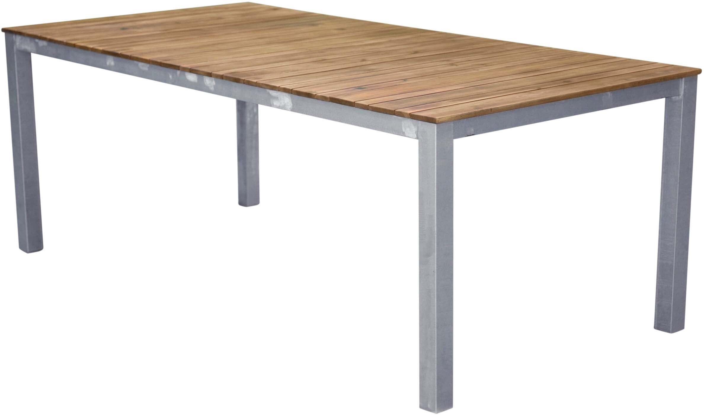 Entdecken Sie den Zenia Gartentisch von Venture Home: Stilvolles Industriedesign, robuste Akazie, elegantes Stahlgestell, perfekt für gesellige Momente im Freien.