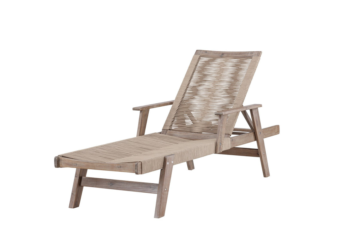 Sonnenliege Little John aus dunkelbraunem Akazienholz mit Bespannung aus Polyesterseil, verstellbare Rückenlehne, Outdoor-Liegestuhl.