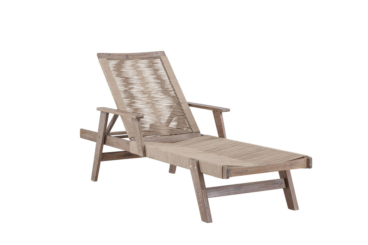 Sonnenliege Little John aus dunkelbraunem Akazienholz mit Bespannung aus Polyesterseil, verstellbare Rückenlehne, Outdoor-Liegestuhl.