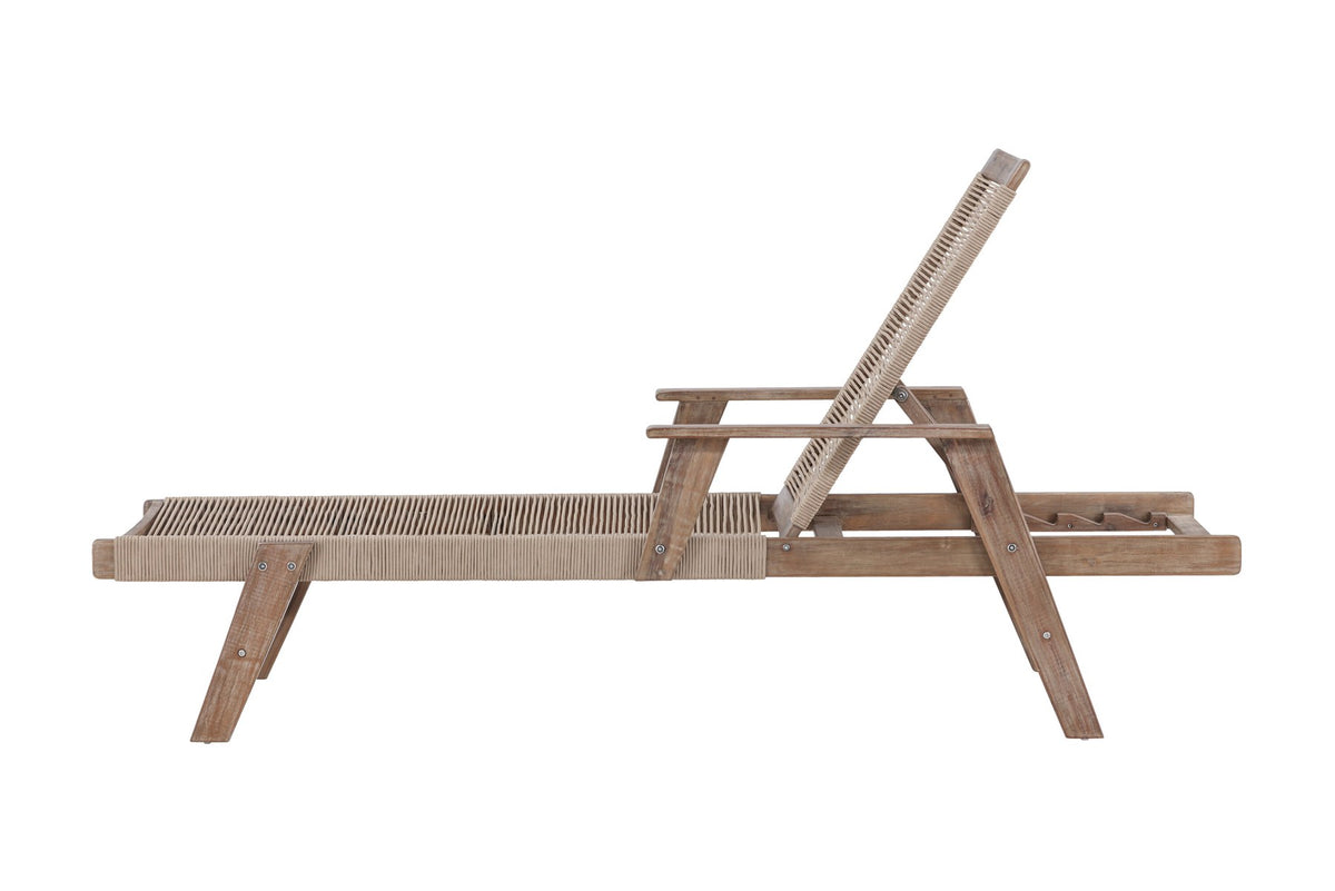 Sonnenliege Little John aus dunkelbraunem Akazienholz mit Bespannung aus Polyesterseil, verstellbare Rückenlehne, Outdoor-Liegestuhl.