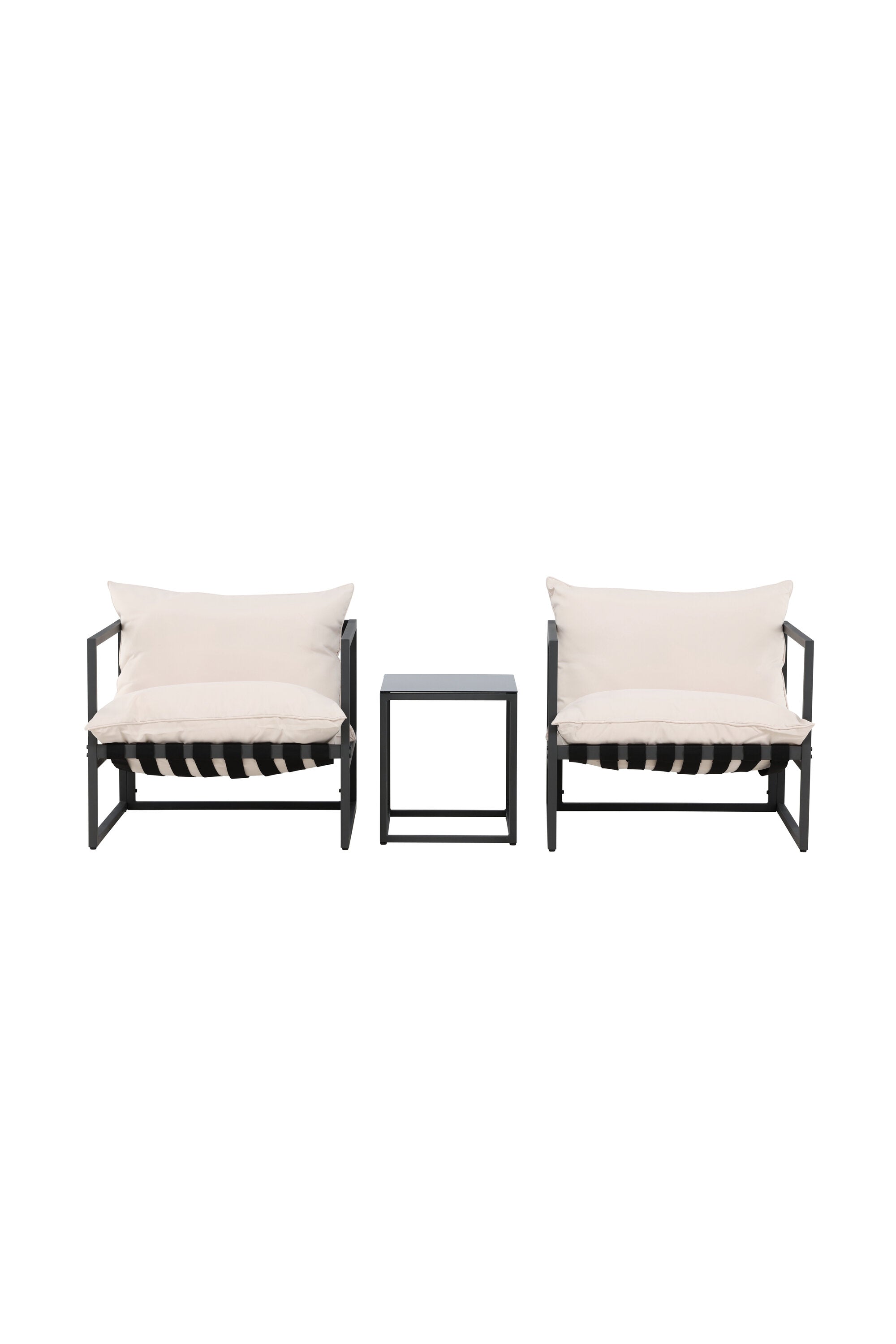 Modernes Messina Lounge Set von Venture Home in Schwarz, bestehend aus einem Sofa, zwei Sesseln und einem Couchtisch, auf einer eleganten Terrasse mit stilvollem Ambiente.