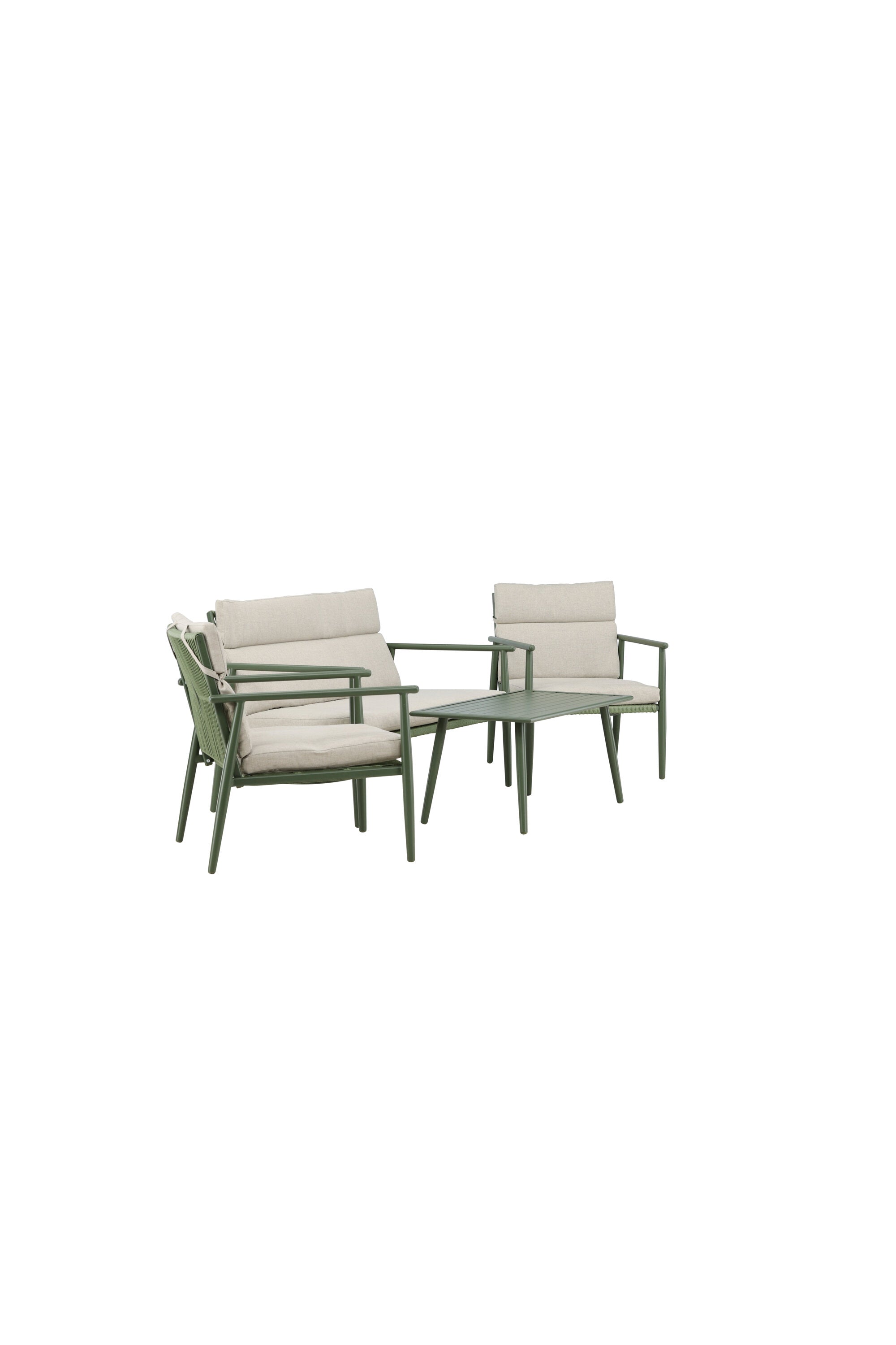 Modernes Mazzaro Sofa Set mit grünem Metallrahmen und weichen beigen Polstern, perfekt für komfortable und elegante Aussenbereiche.