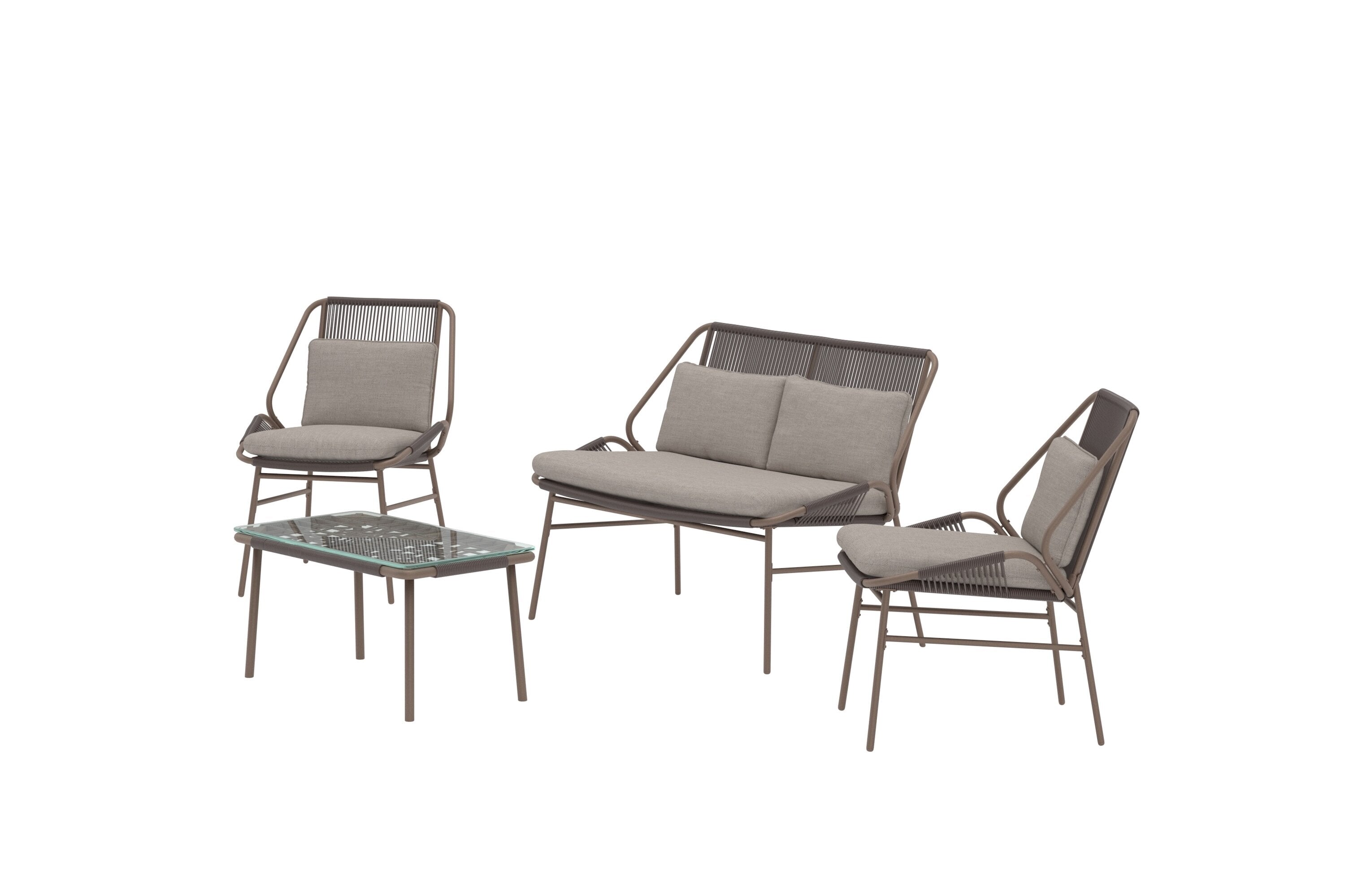 Elegantes Zakynthos Sofa Set in warmen Erdtönen, ideal für stilvolle Entspannung im Freien und gesellige Zusammenkünfte im Garten.