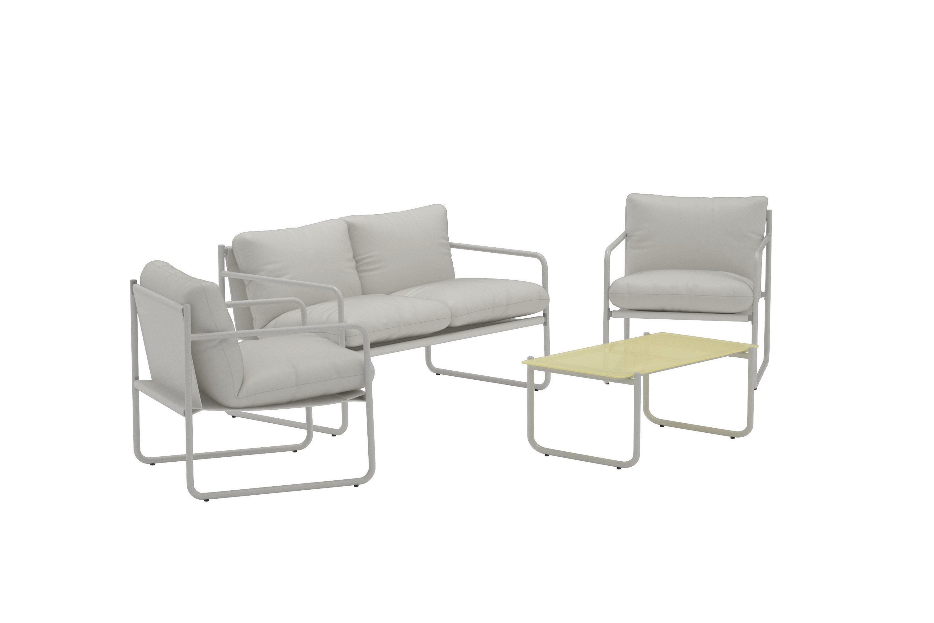 Modernes Thassos Sofa Set in zartem Beige, perfekt für gemütliche Stunden im Freien und stilvolle Gartenbereiche.