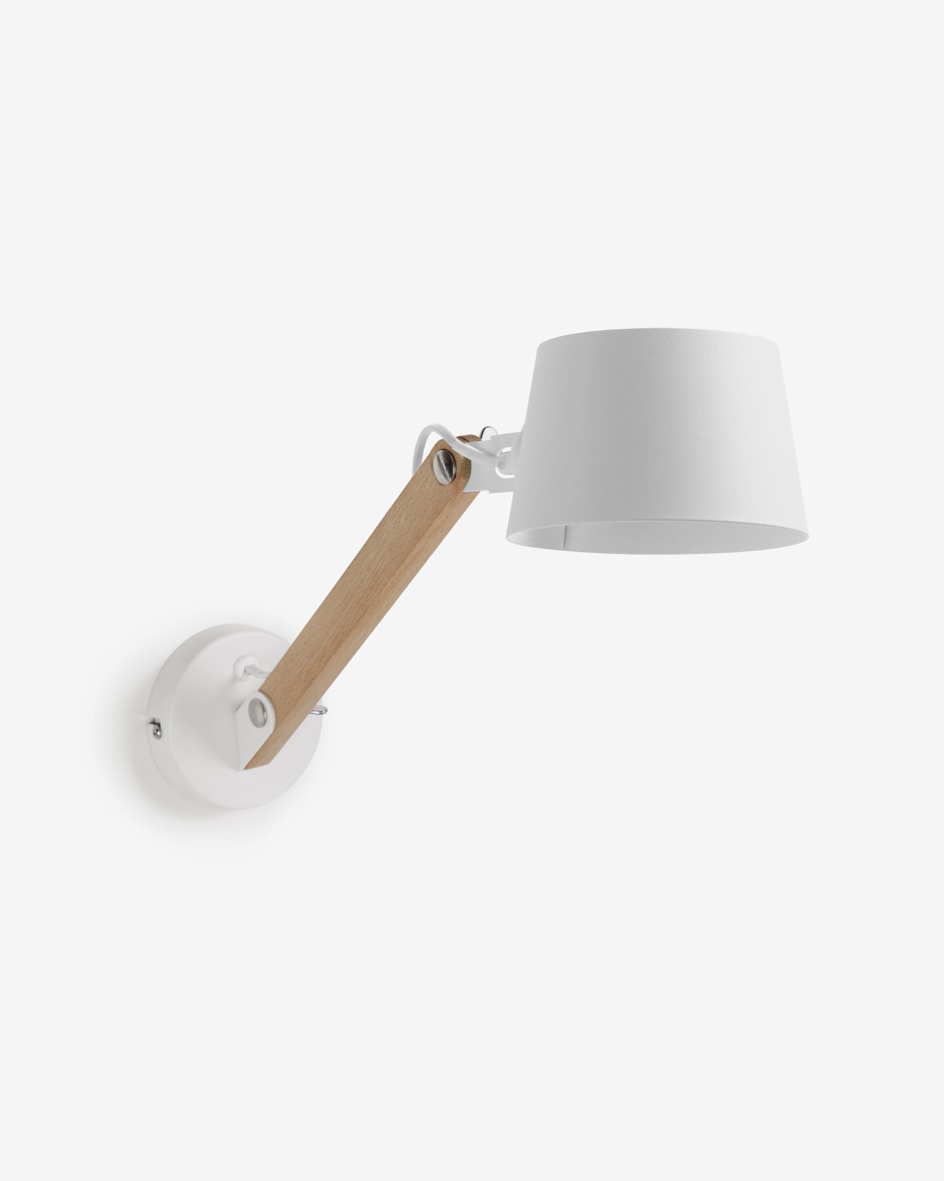 Elegante Wandleuchte aus Buchenholz und Stahl, verstellbar, mit weissem Finish. Perfekt für moderne Wohnräume.