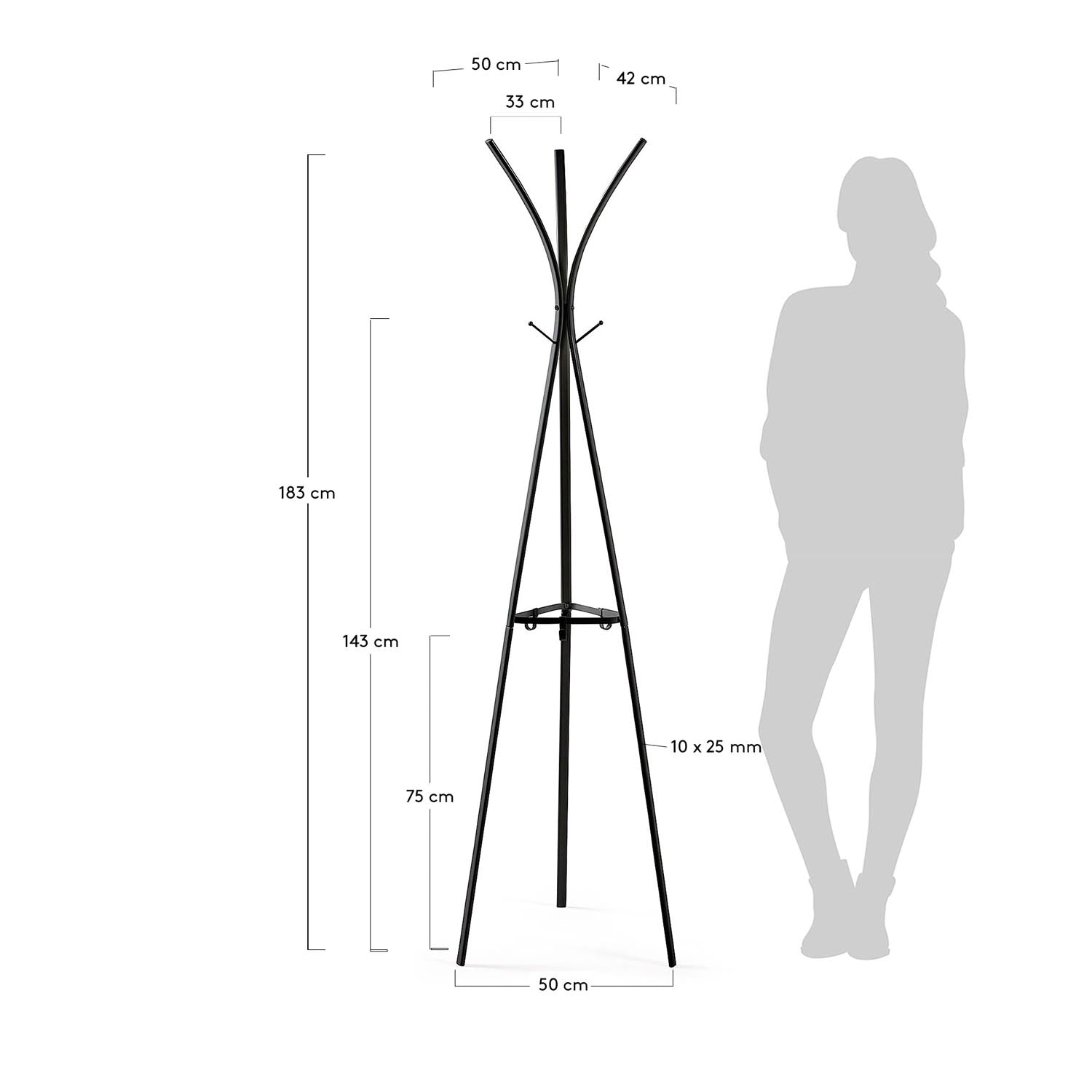 Die Stearn Garderobe von Kave Home: stilvoll, funktional, aus robustem Stahl, mit 9 Haken, korrosionsgeschützt, minimalistisch, einfach zu montieren.