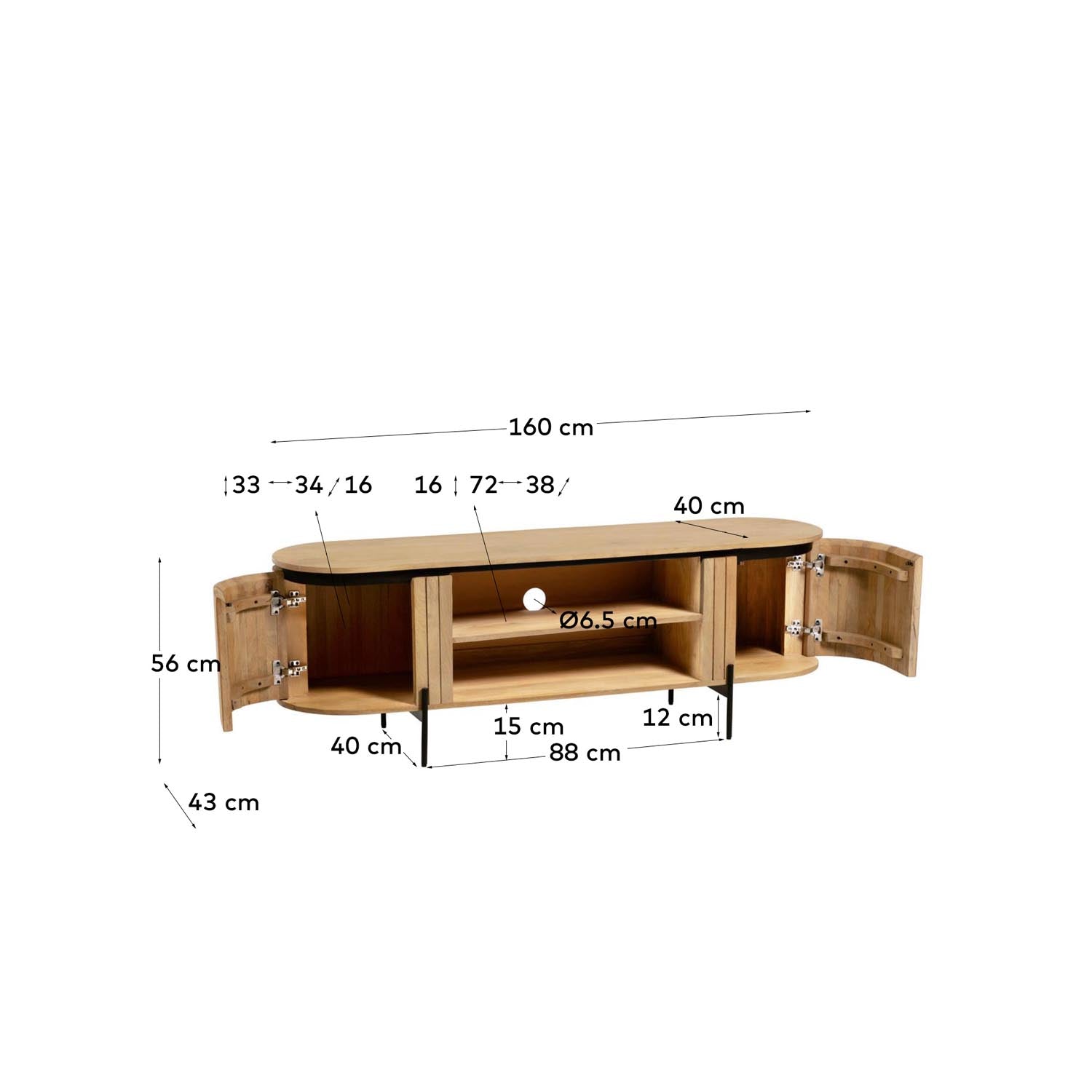 Moderner TV-Schrank aus massivem Mangoholz und mattschwarzem Metall, 160 x 56 cm, ideal für stilvolle Wohnzimmer.