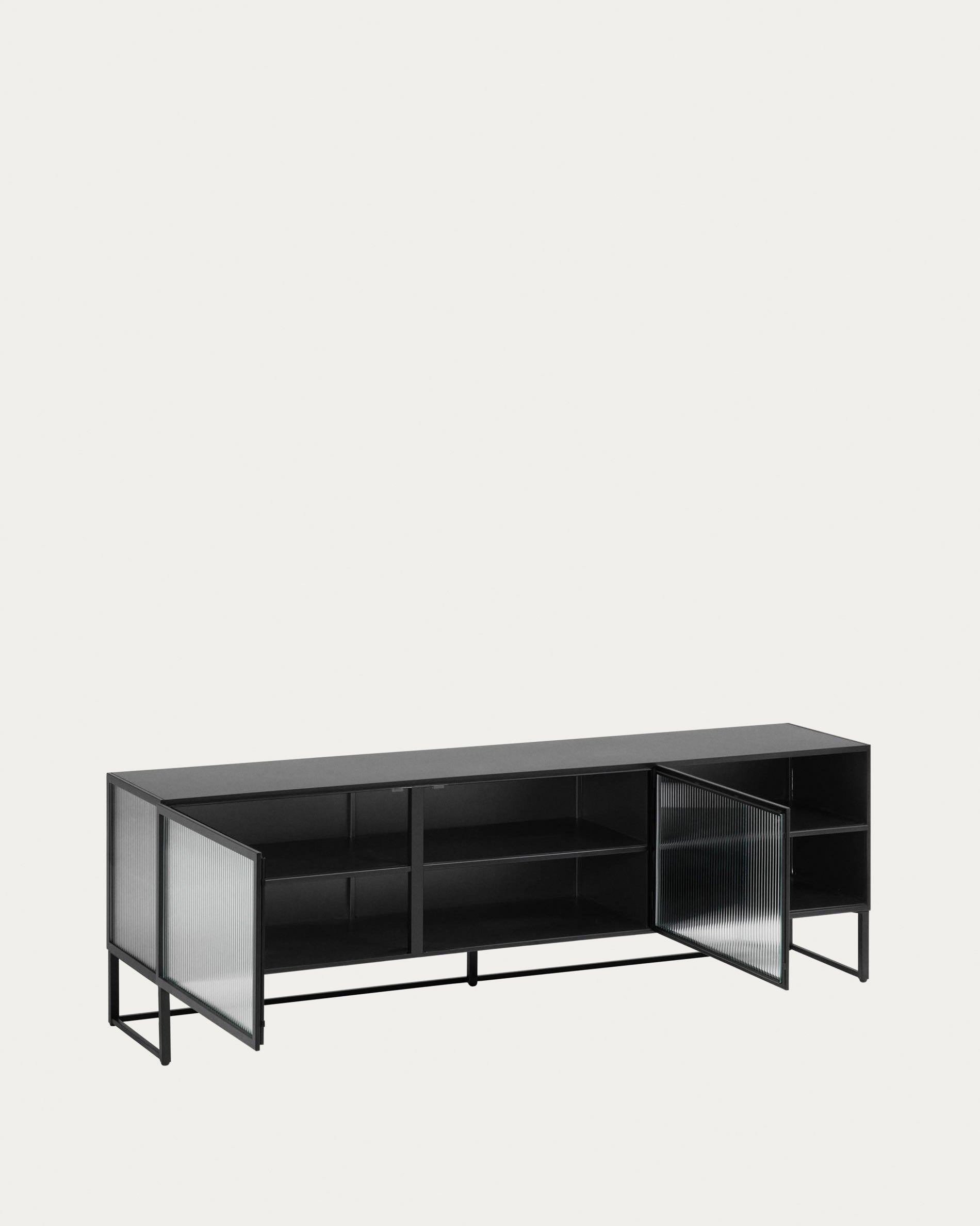 Eleganter TV-Schrank aus schwarzem Stahl, 180x58 cm, mit 2 Türen. Perfekt für moderne Wohnräume, von Kave Home entworfen.