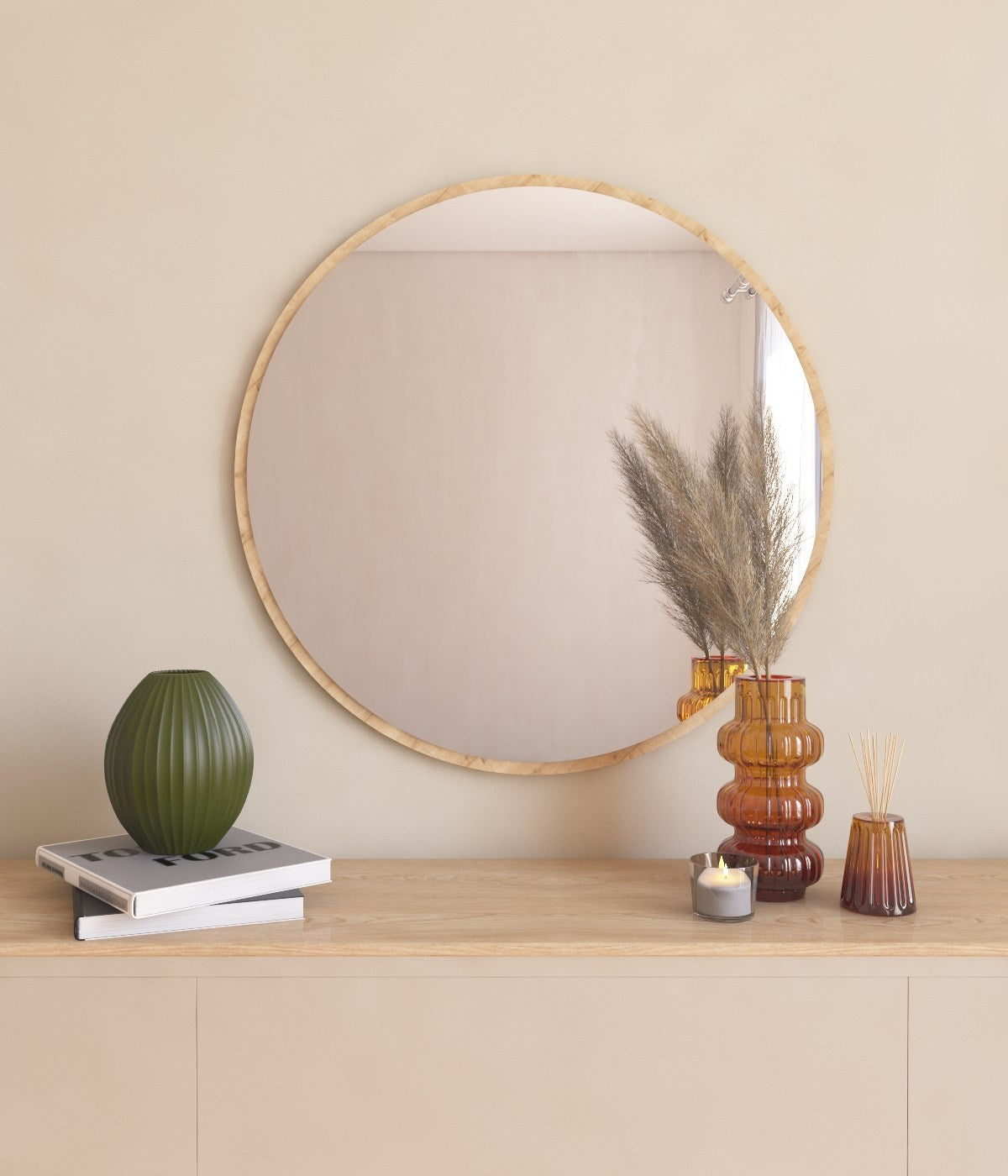 Entdecken Sie den Ozze Spiegel von Hanah Home – ein stilvoller, runder Spiegel aus nachhaltigem MDF, der jedem Raum Eleganz verleiht.
