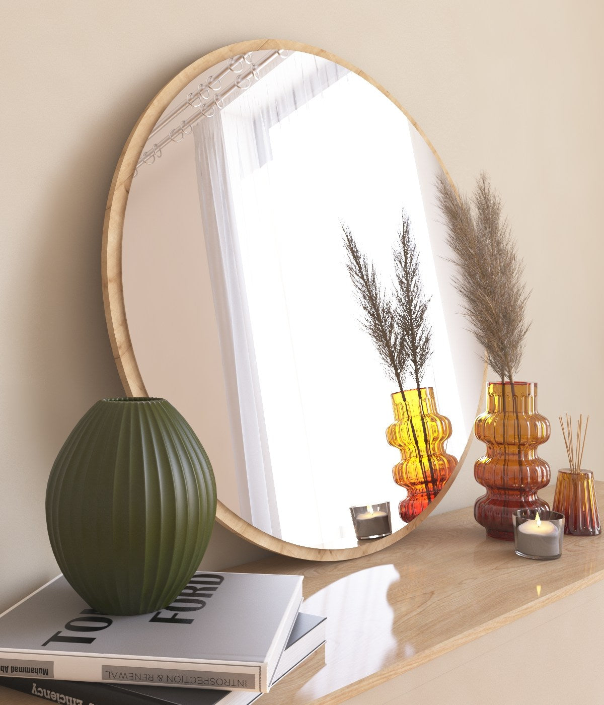 Verleihen Sie Ihrem Zuhause mit dem Ozze Spiegel von Hanah Home einen Hauch von Eleganz. Dieser runde, nachhaltige Spiegel aus MDF ist der perfekte Blickfang für jeden Raum.