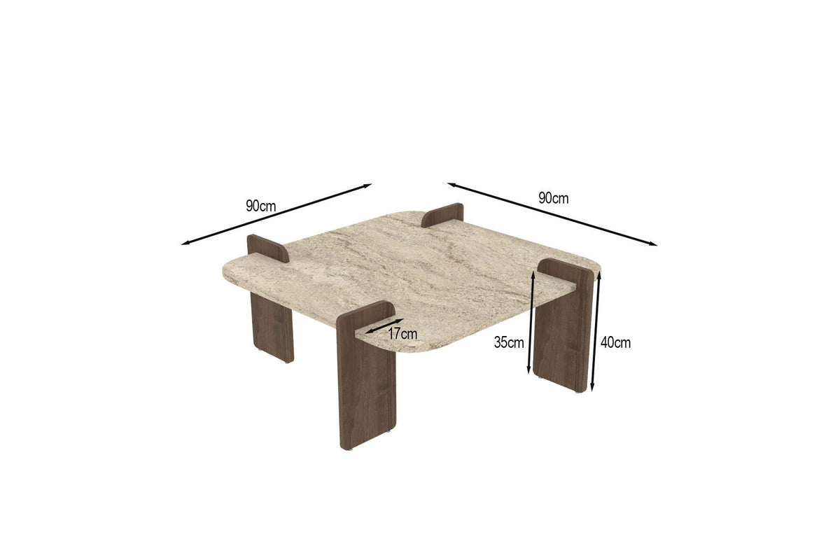 Couchtisch Afrolli von Hanah Home mit Platte in Travertin-Optik und Gestell in Nussbaum-Optik, quadratische Form, niedrige Höhe.