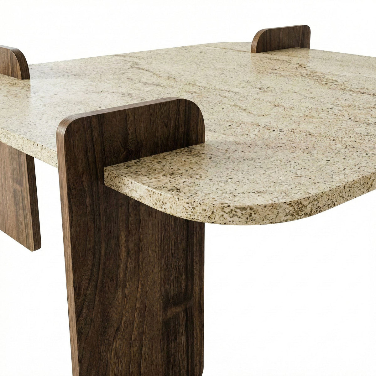Couchtisch Afrolli von Hanah Home mit Platte in Travertin-Optik und Gestell in Nussbaum-Optik, quadratische Form, niedrige Höhe.