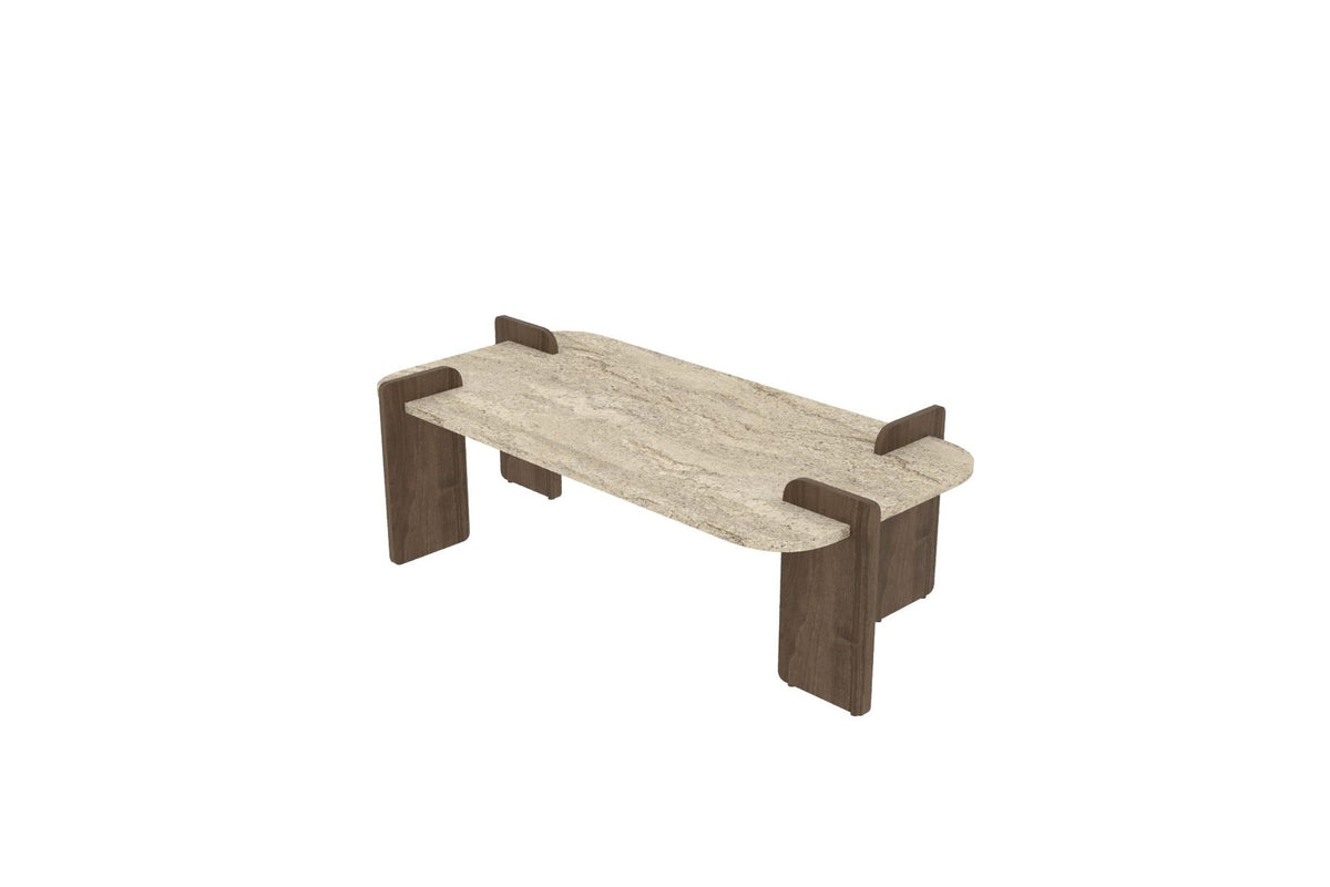 Rechteckiger Couchtisch mit Oberfläche in Travertin-Optik und Gestell in Nussbaum-Optik, Melaminbeschichtung, Masse 120x60x35 cm