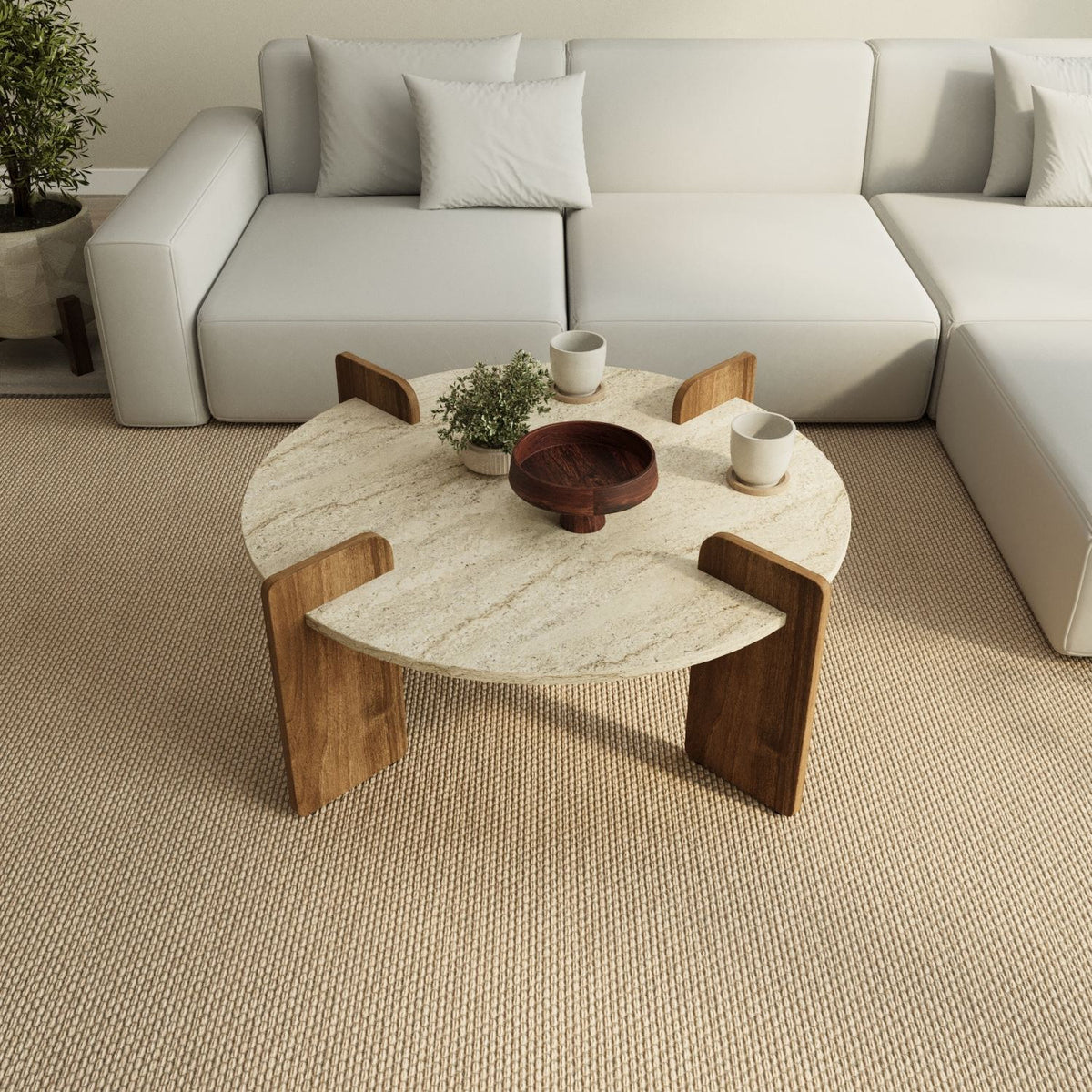 Couchtisch Avoure von Hanah Home mit Tischplatte in Travertin-Optik und Gestell in Nussbaum-Farbton, Masse 90x90x35 cm (B/T/H).