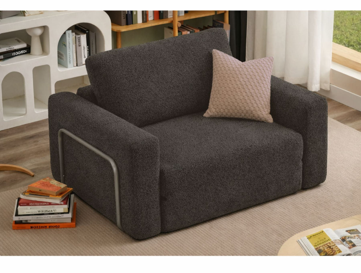 Anthrazitfarbenes 1-Sitzer Schlafsofa Wello aus 100% Bouclé-Stoff mit Sitzhöhe 35 cm und abnehmbarem, waschbarem Bezug von Hanah Home.