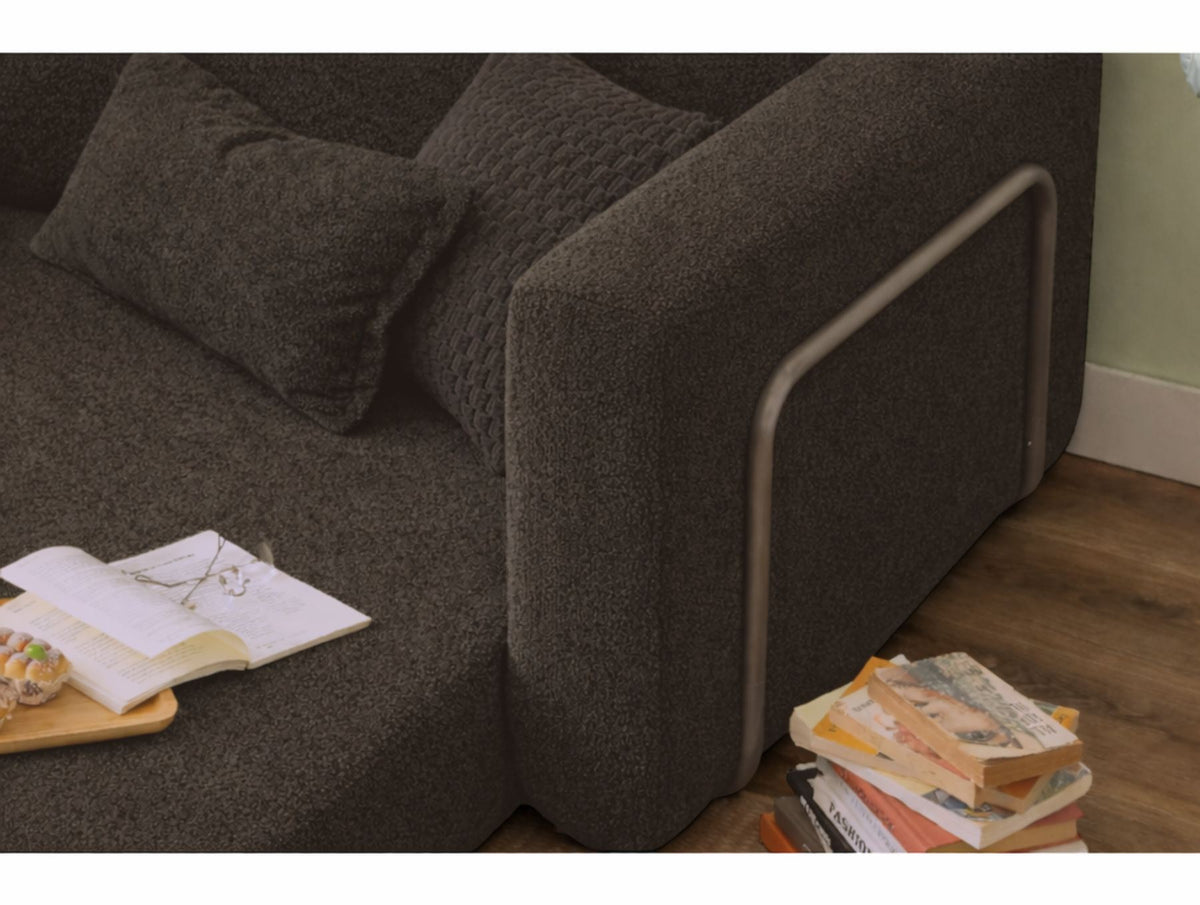 Anthrazitfarbenes 1-Sitzer Schlafsofa Wello aus 100% Bouclé-Stoff mit Sitzhöhe 35 cm und abnehmbarem, waschbarem Bezug von Hanah Home.