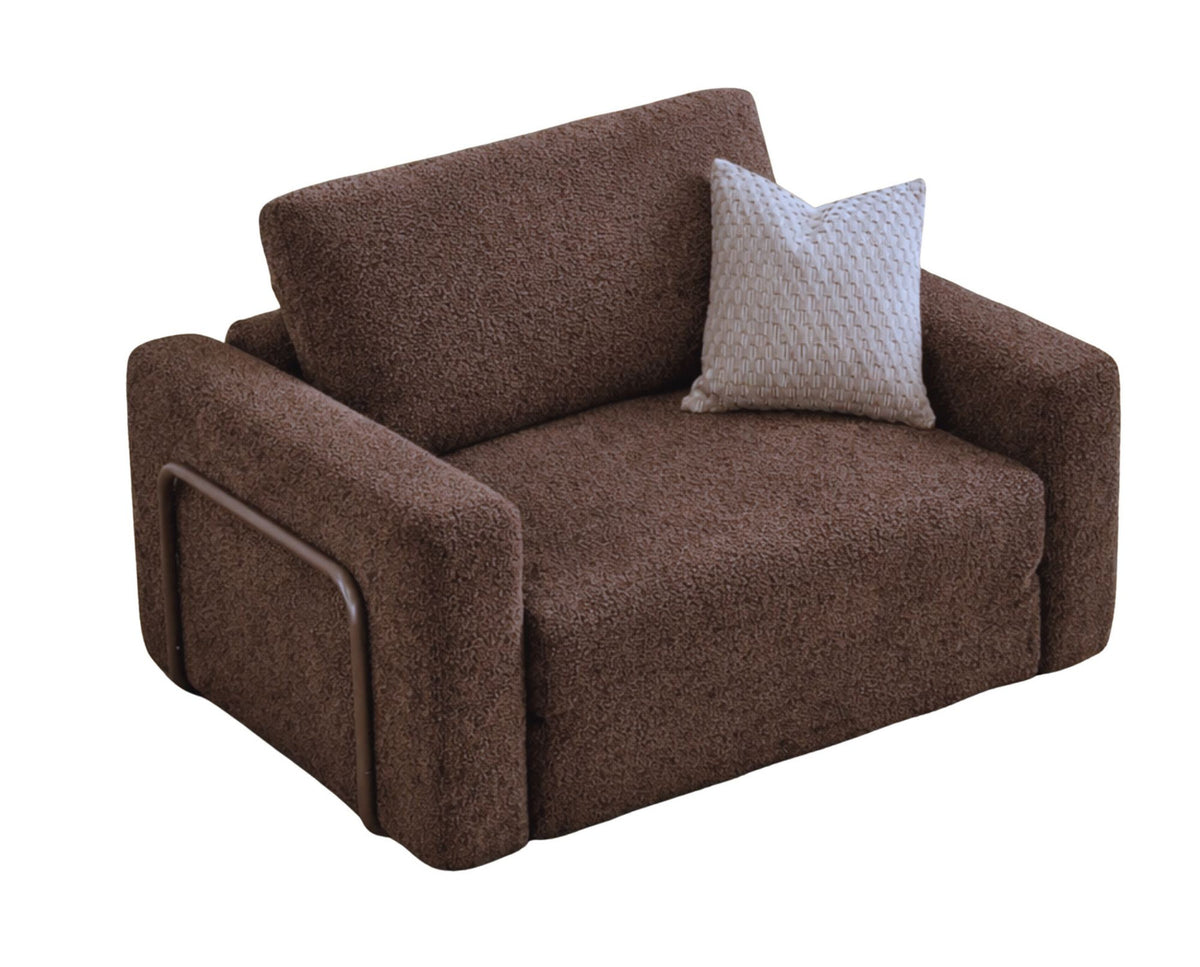 Braunes 1-Sitzer Schlafsofa aus 100% Bouclé-Stoff mit gepolsterter Sitzfläche und ausklappbarer Liegefläche in kompakter Form.