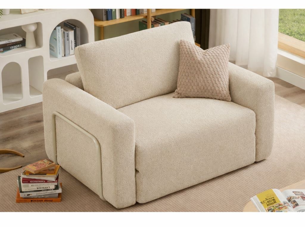 Cremefarbenes 1-Sitzer Schlafsofa Wello aus Bouclé-Stoff mit kompakter Sitzfläche und ausklappbarer Liegefläche im Wohnraum.