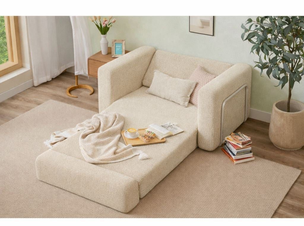 Cremefarbenes 1-Sitzer Schlafsofa Wello aus Bouclé-Stoff mit kompakter Sitzfläche und ausklappbarer Liegefläche im Wohnraum.