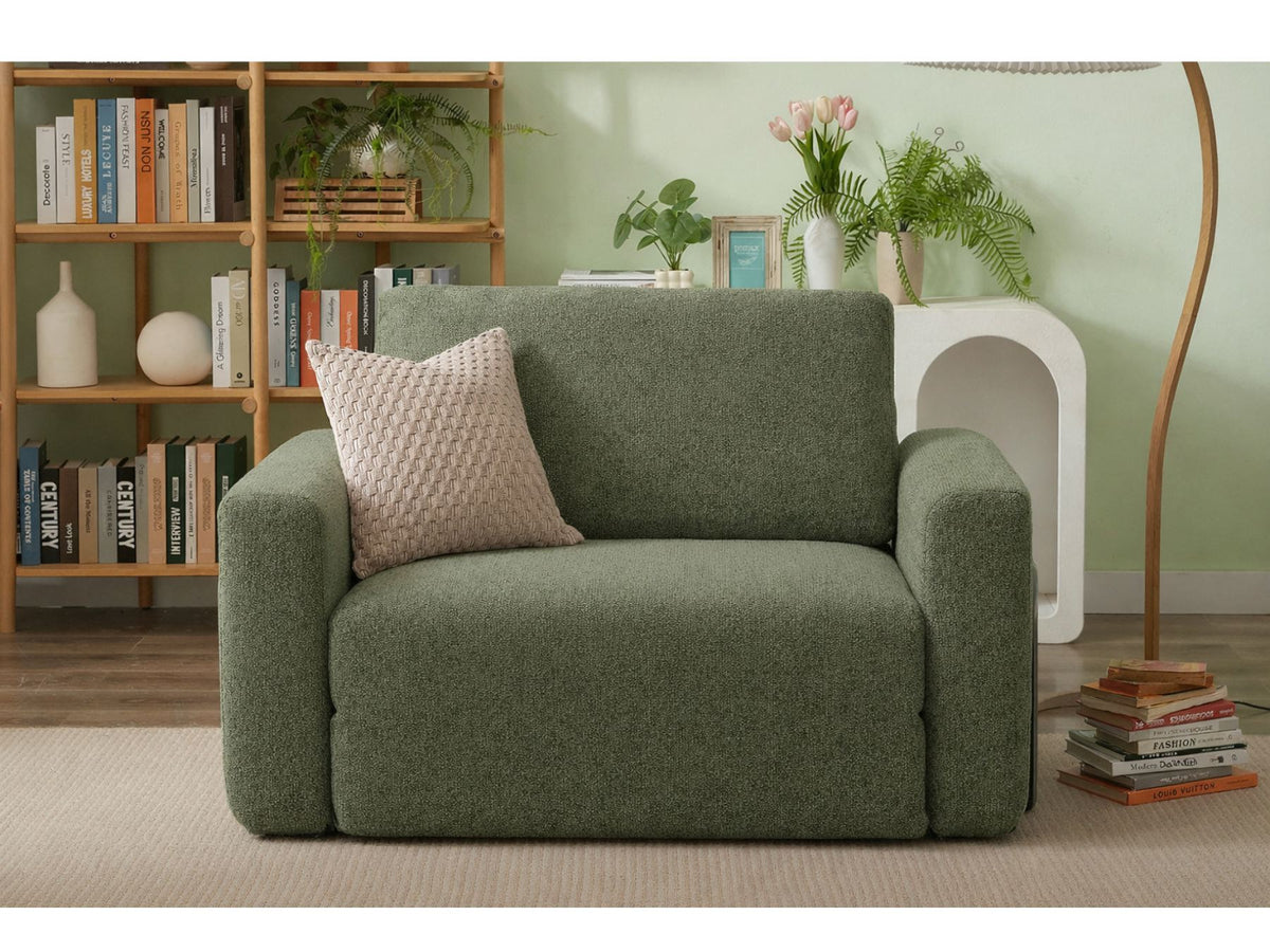 Grünes 1-Sitzer Schlafsofa aus Bouclé-Stoff von Hanah Home, kompakte Form mit Armlehnen und Rollverpackung, Sitzhöhe 35 cm.