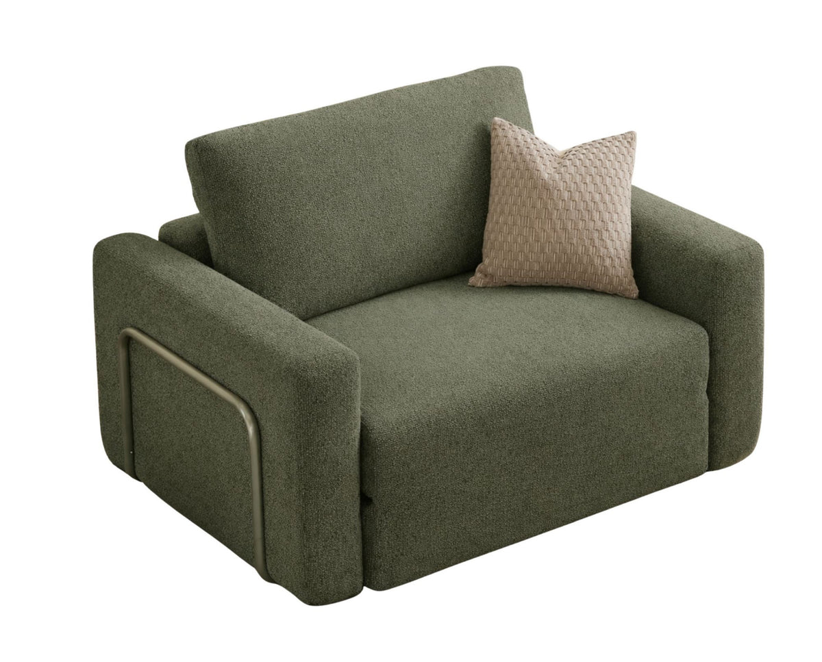 Grünes 1-Sitzer Schlafsofa aus Bouclé-Stoff von Hanah Home, kompakte Form mit Armlehnen und Rollverpackung, Sitzhöhe 35 cm.