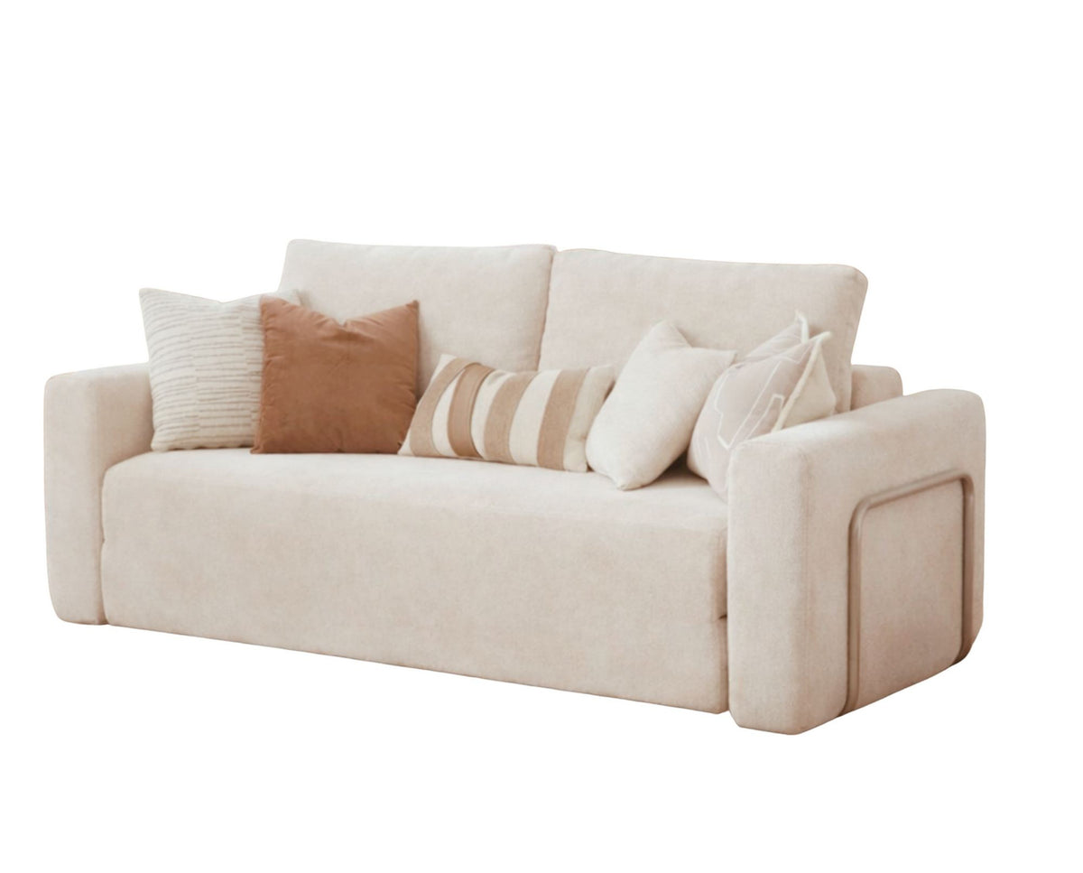 Cremefarbenes 2-Sitzer Schlafsofa Wello aus Bouclé-Stoff mit Armlehnen, gezeigt in aufgeklappter und geschlossener Sofa-Position.