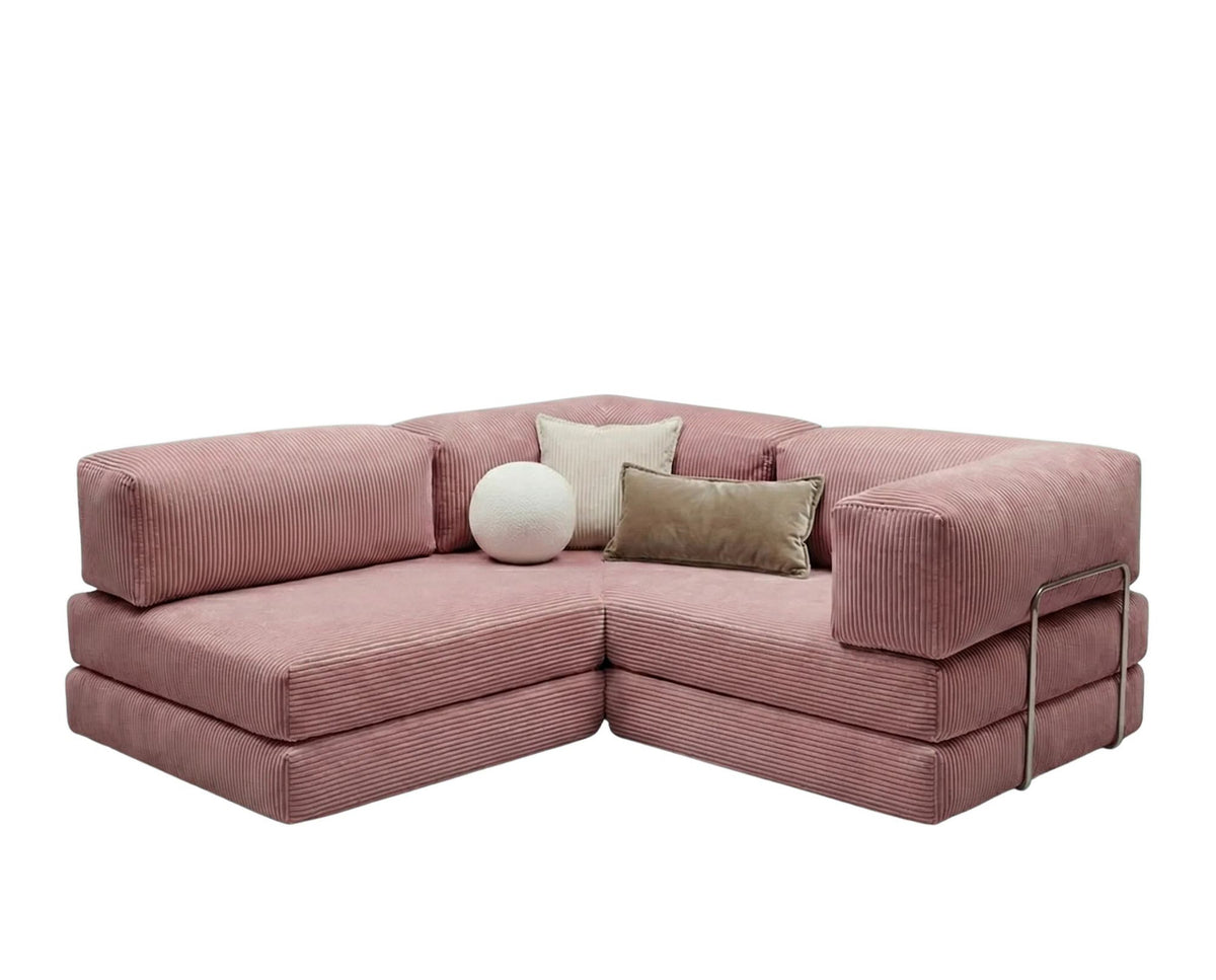 Rosafarbenes Eck-Schlafsofa aus Cord-Plüschstoff mit vier Kissen, abnehmbarem Bezug und rutschfester Sohle, Grösse 300x100 cm.