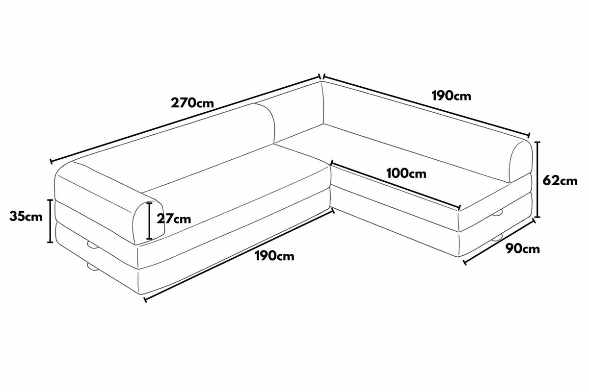 Blaues Ecksofa-Bett aus geripptem Cord-Plüschstoff mit vier Kissen, abnehmbarem Bezug und rutschfester Sohle, Frontalansicht.