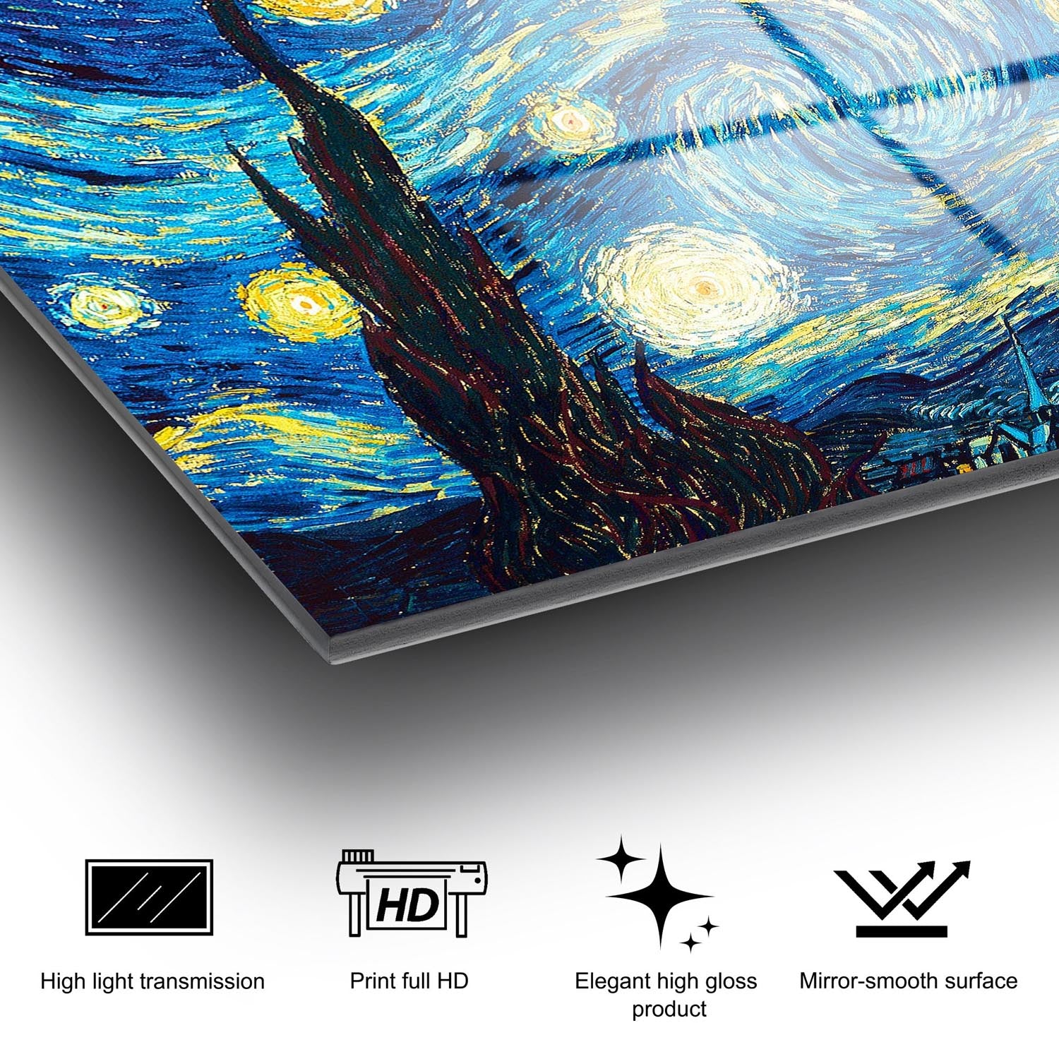 Erleben Sie Van Goghs Sternennacht auf hochwertigem gehärtetem Glas! Ein elegantes, langlebiges Kunstwerk, das jeden Raum verzaubert.