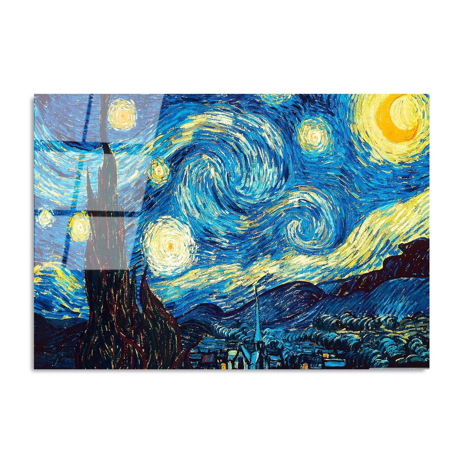 Entdecken Sie die Magie von Van Goghs Sternennacht! Dieses 70 x 100 cm große, langlebige Glasbild verwandelt jeden Raum in eine Oase der Eleganz.
