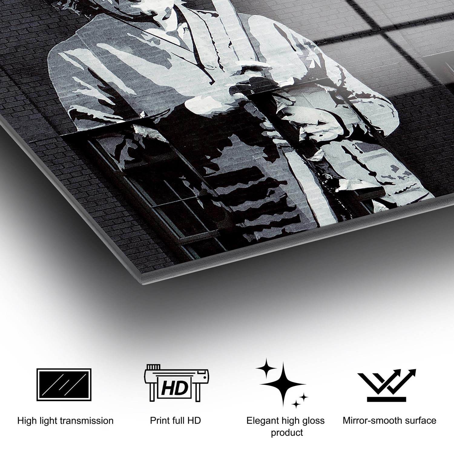 Verleihen Sie Ihrem Raum mit dem mehrfarbigen UV-Bild von Wallity einen Hauch von Banksys einzigartiger Kunst. Hochwertig, langlebig und inspirierend!