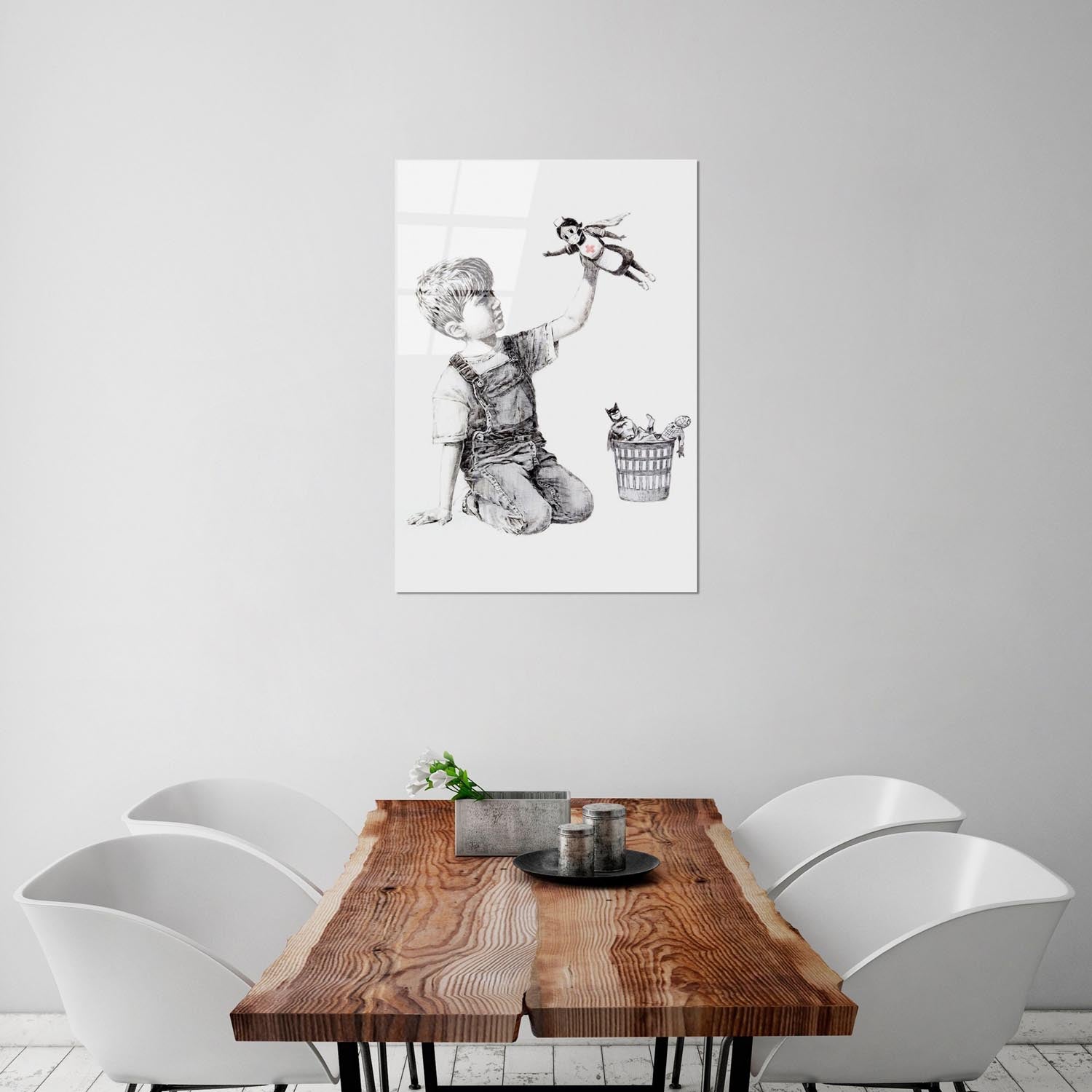 Verleihen Sie Ihrem Zuhause mit dem mehrfarbigen UV-Bild von Wallity einen kreativen Akzent, inspiriert von Banksys beeindruckender Kunst.