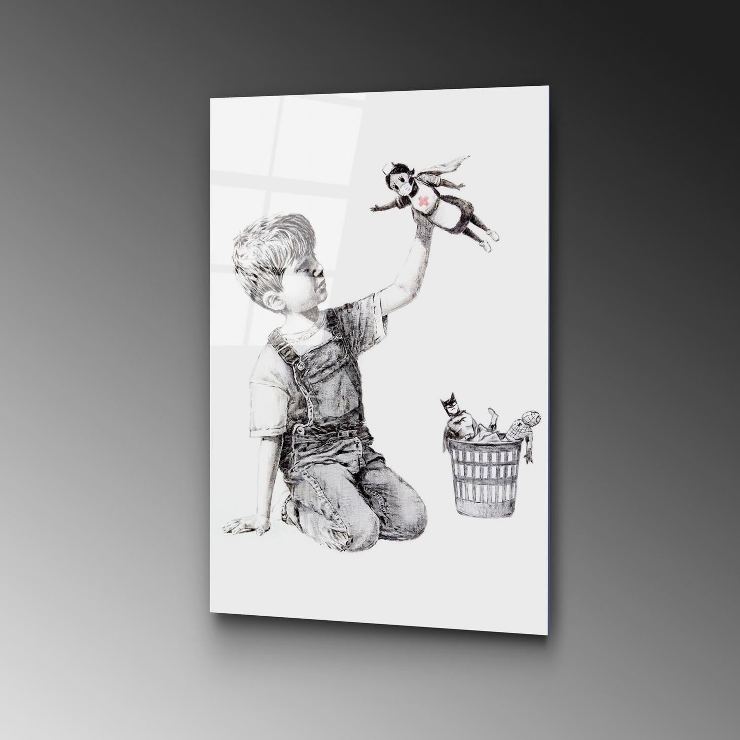 Entdecken Sie die faszinierende Schönheit des mehrfarbigen UV-Bildes von Wallity, das jeden Raum mit Banksys einzigartigem Stil bereichert.