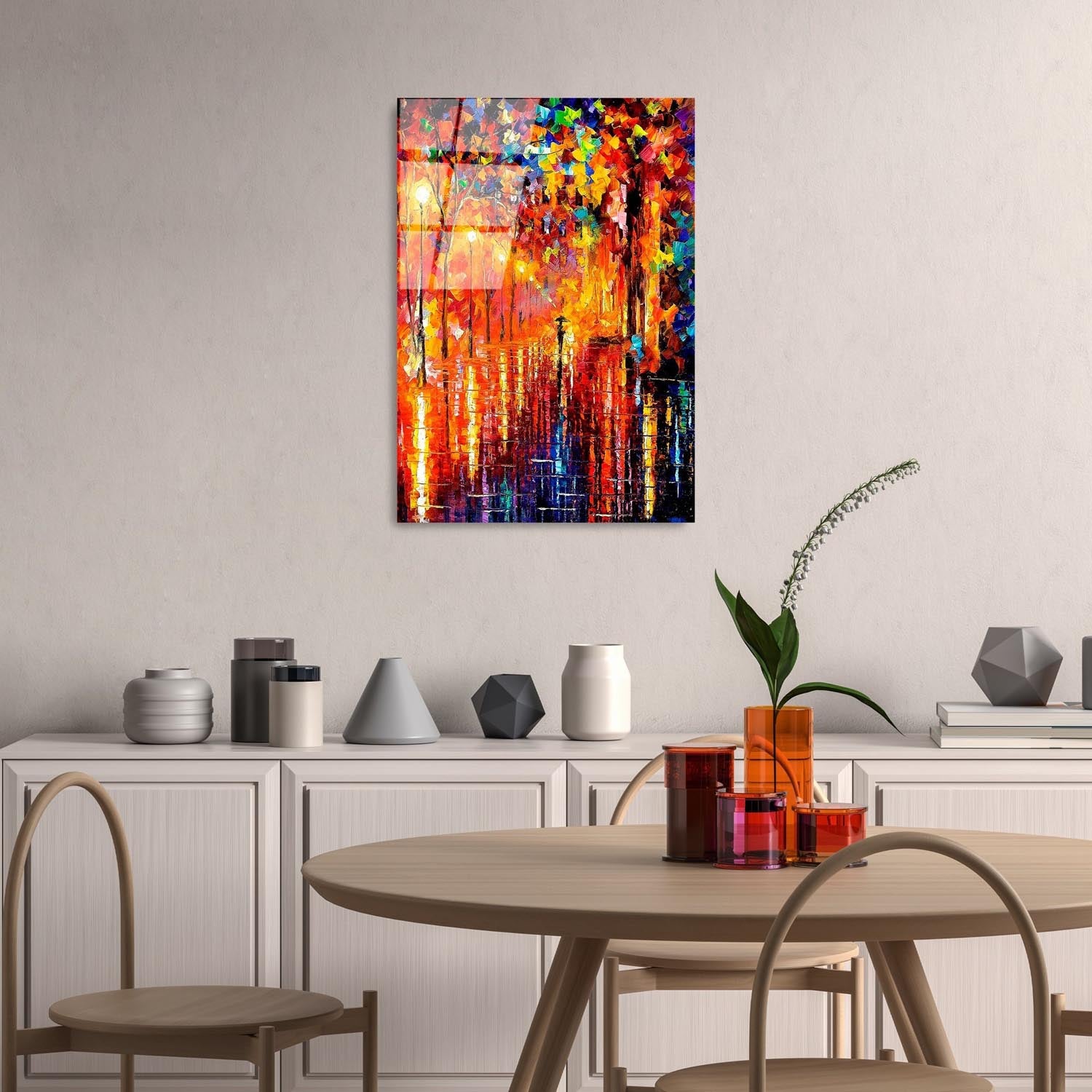 Entdecken Sie das UV-416 von Wallity! Dieses 50 x 70 cm große, mehrfarbige Kunstwerk aus gehärtetem Glas verleiht jedem Raum eine elegante Note.