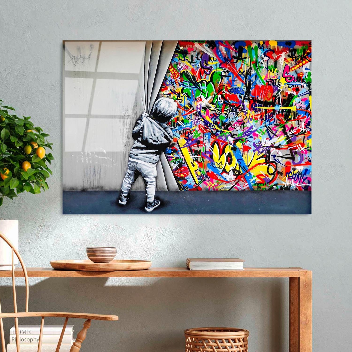 Verleihen Sie Ihrem Zuhause mit dem UV-782 von Wallity einen Hauch von Luxus! Dieses beeindruckende Sicherheitsglasgemälde begeistert durch lebendige Farben und zeitlose Eleganz.