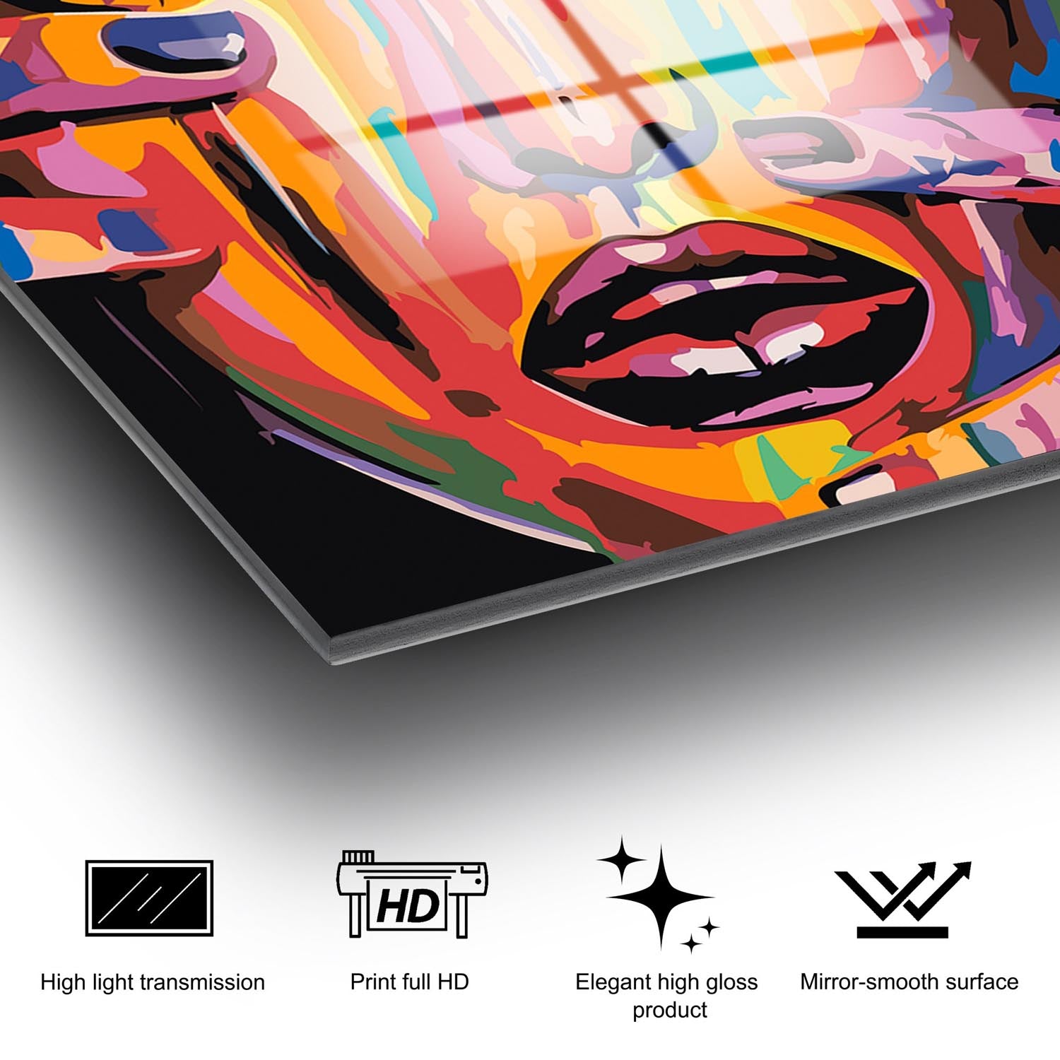 Entdecken Sie das mehrfarbige UV-Bild von Wallity – ein elegantes Kunstwerk aus robustem gehärtetem Glas, das mit lebendigen Farben jeden Raum verzaubert.