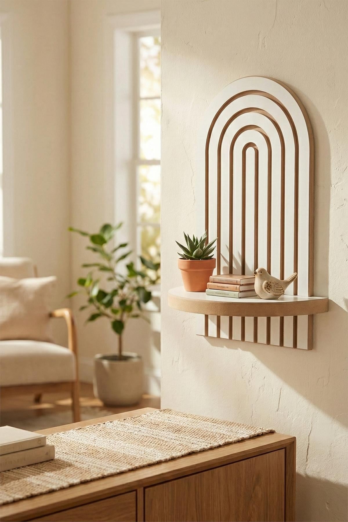 Weisses Wandregal aus MDF mit geometrischer Form, Masse 26 x 13 x 35 cm, Stärke 18 mm, Hersteller Hanah Home.