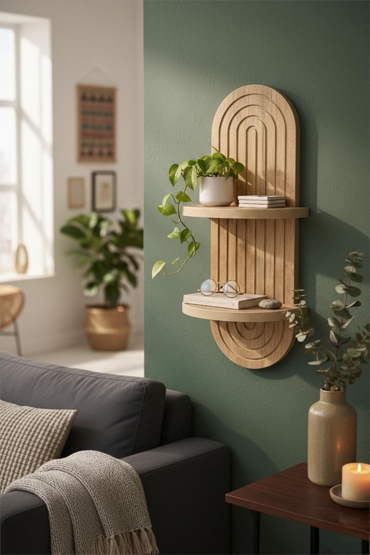Wandregal in Eichenfarbe aus 100% MDF mit geometrischer Form, Masse 26x13x70 cm, Hersteller Hanah Home, an weisser Wand montiert.