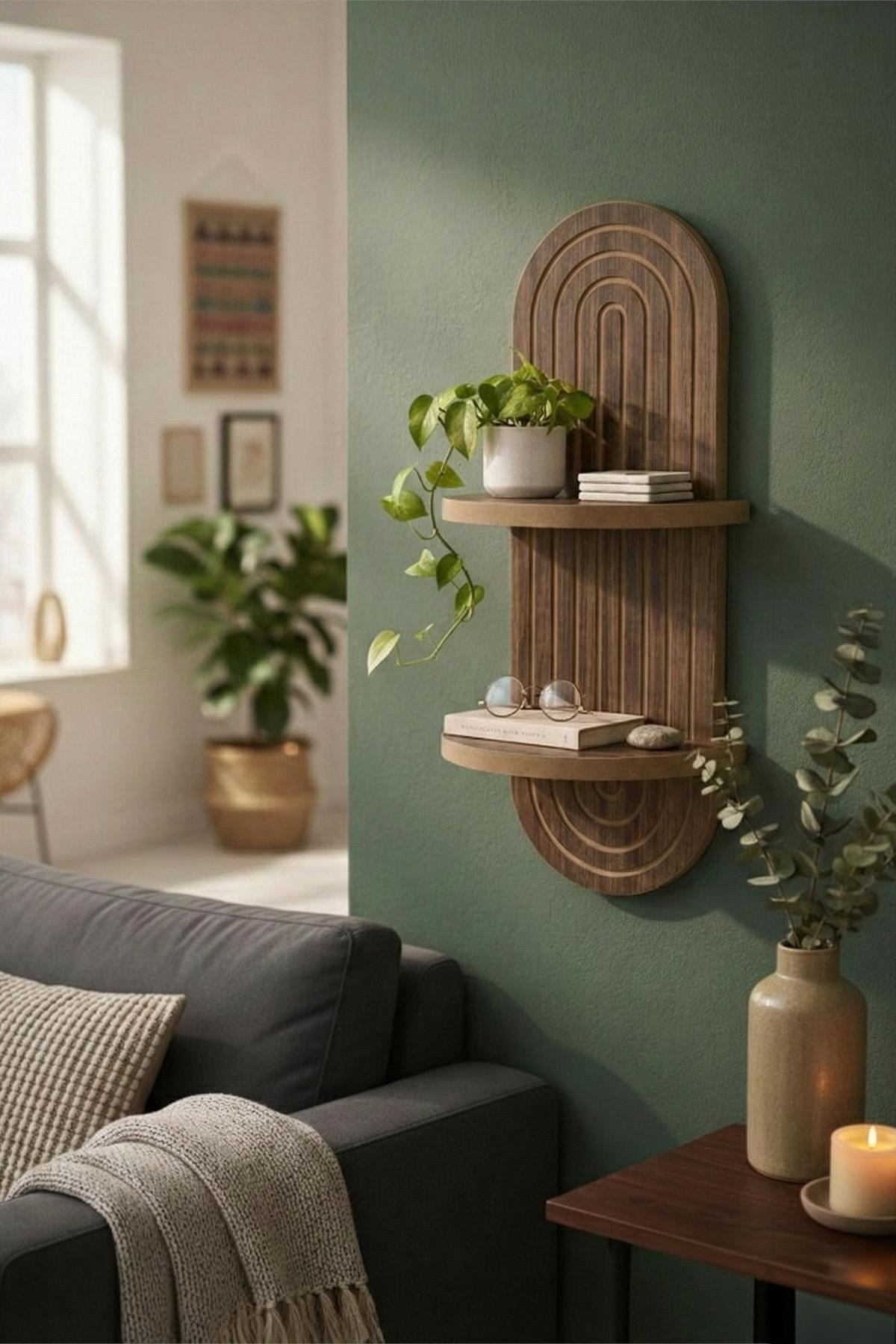 Wandregal aus 100% MDF in Wenge-Braun mit geometrischer Form, Masse 26 x 13 x 70 cm, an einer hellen Wand montiert.