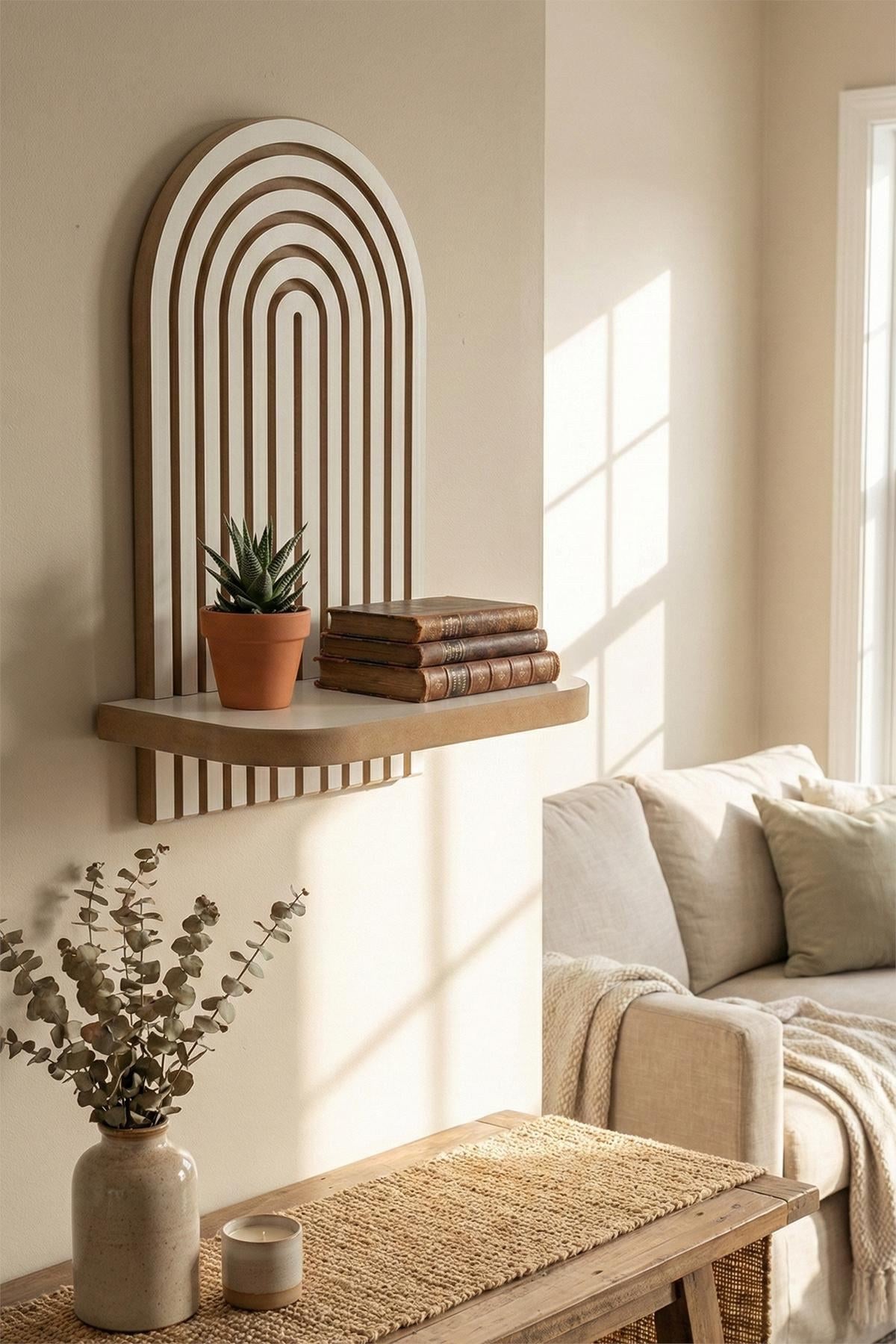 Weisses Wandregal aus 100% MDF mit klarer geometrischer Form, Masse 26 x 13 x 35 cm, an einer hellen Wand montiert.