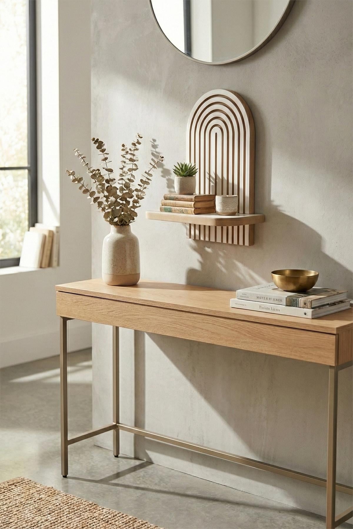 Weisses Wandregal aus 100% MDF mit klarer geometrischer Form, Masse 26 x 13 x 35 cm, an einer hellen Wand montiert.