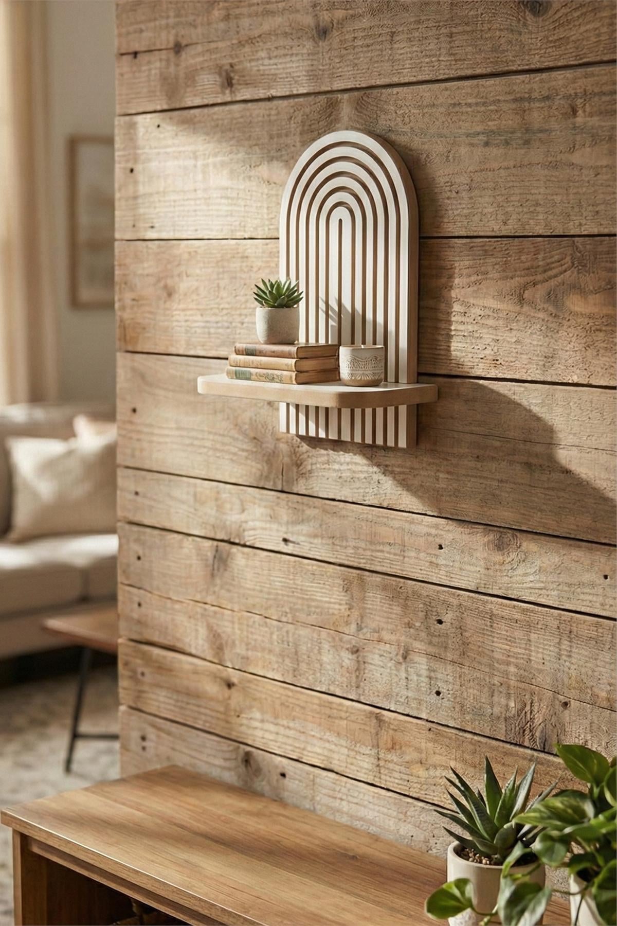 Weisses Wandregal aus 100% MDF mit klarer geometrischer Form, Masse 26 x 13 x 35 cm, an einer hellen Wand montiert.