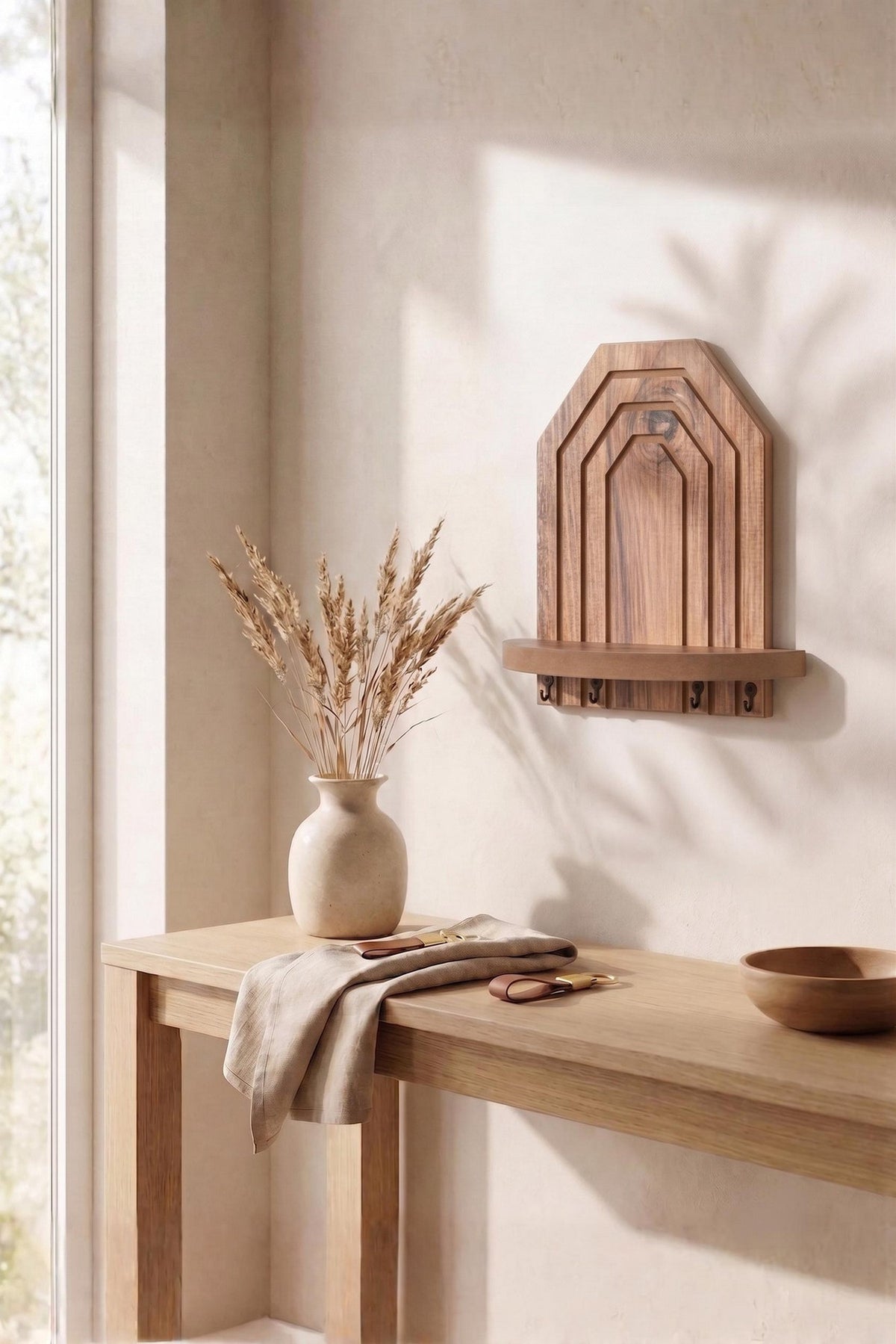 Wandregal aus MDF in Eiche-Farbe, Hanah Home, Masse 26 x 25 x 13 cm, an einer Wand montiert, schlichte rechteckige Form ohne Griffe.
