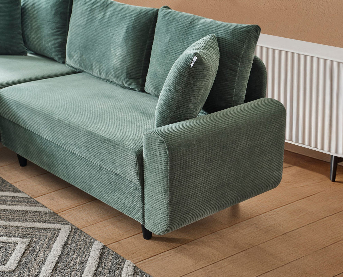 Grünes Flavia Ecksofa von Hanah Home mit Polyester-Bezug in Leinenstruktur, Metallgestell und Kunststoffbeinen, Eckform.