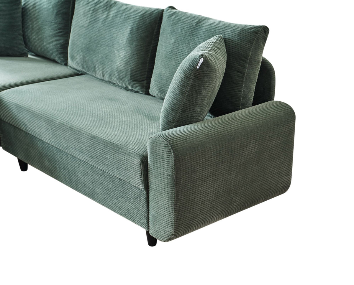 Grünes Flavia Ecksofa von Hanah Home mit Polyester-Bezug in Leinenstruktur, Metallgestell und Kunststoffbeinen, Eckform.