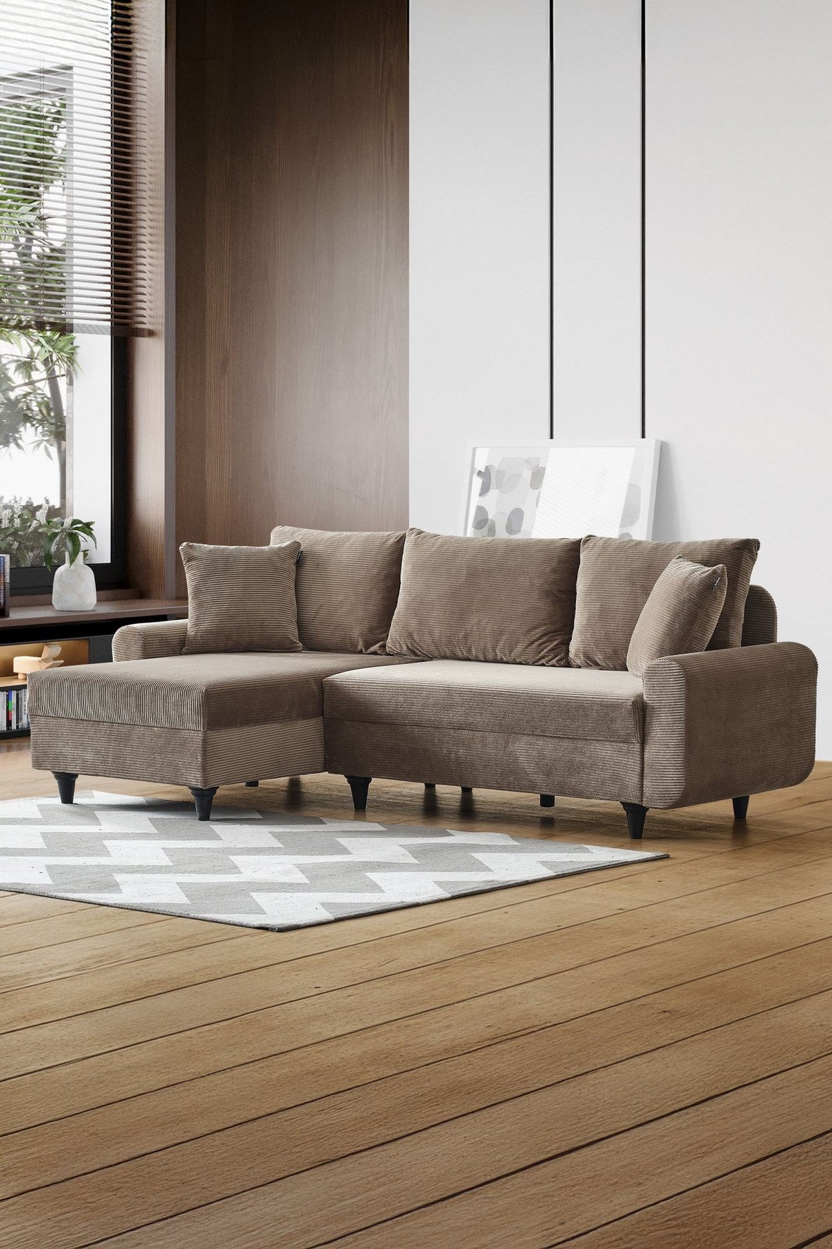 Braunes Ecksofa Flavia von Hanah Home mit Polyester-Bezug in Leinenstruktur, Metallgestell und Kunststoffbeinen, Masse 230x125x72 cm.