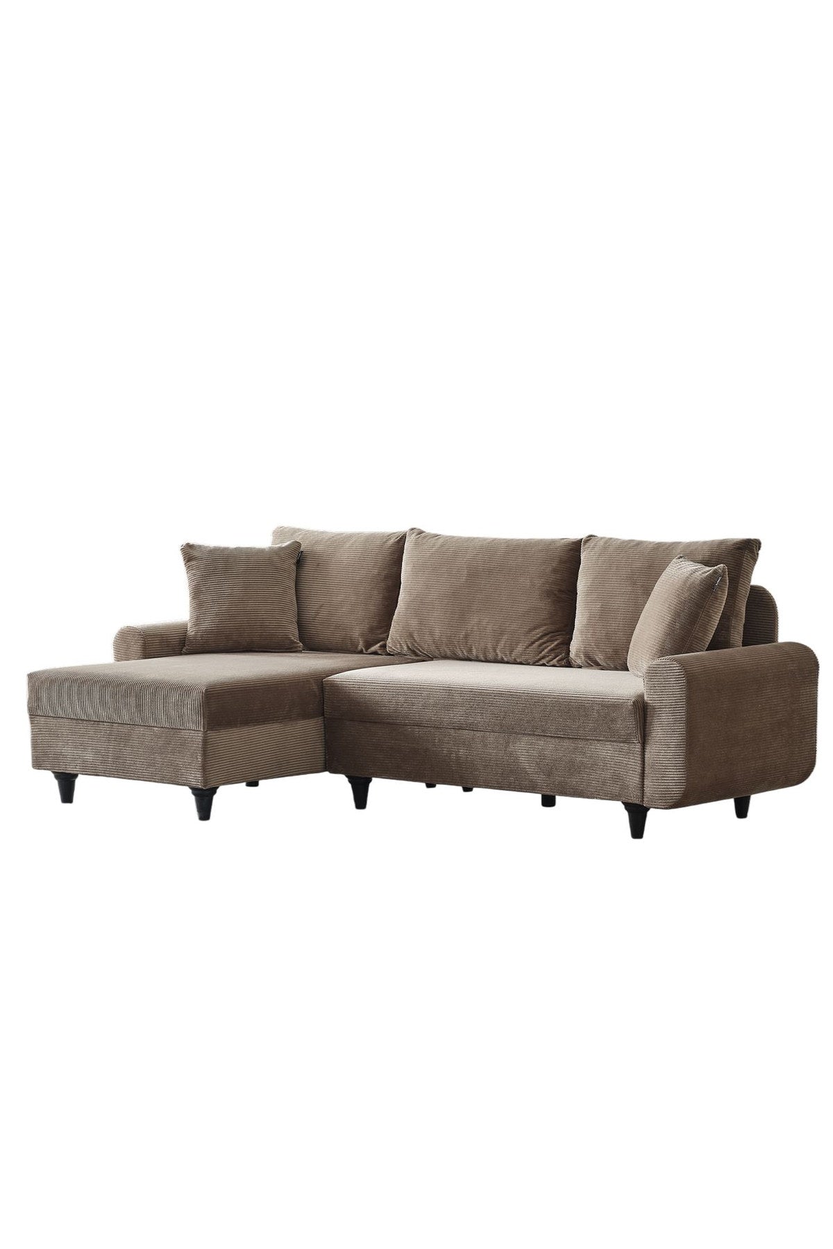 Braunes Ecksofa Flavia von Hanah Home mit Polyester-Bezug in Leinenstruktur, Metallgestell und Kunststoffbeinen, Masse 230x125x72 cm.