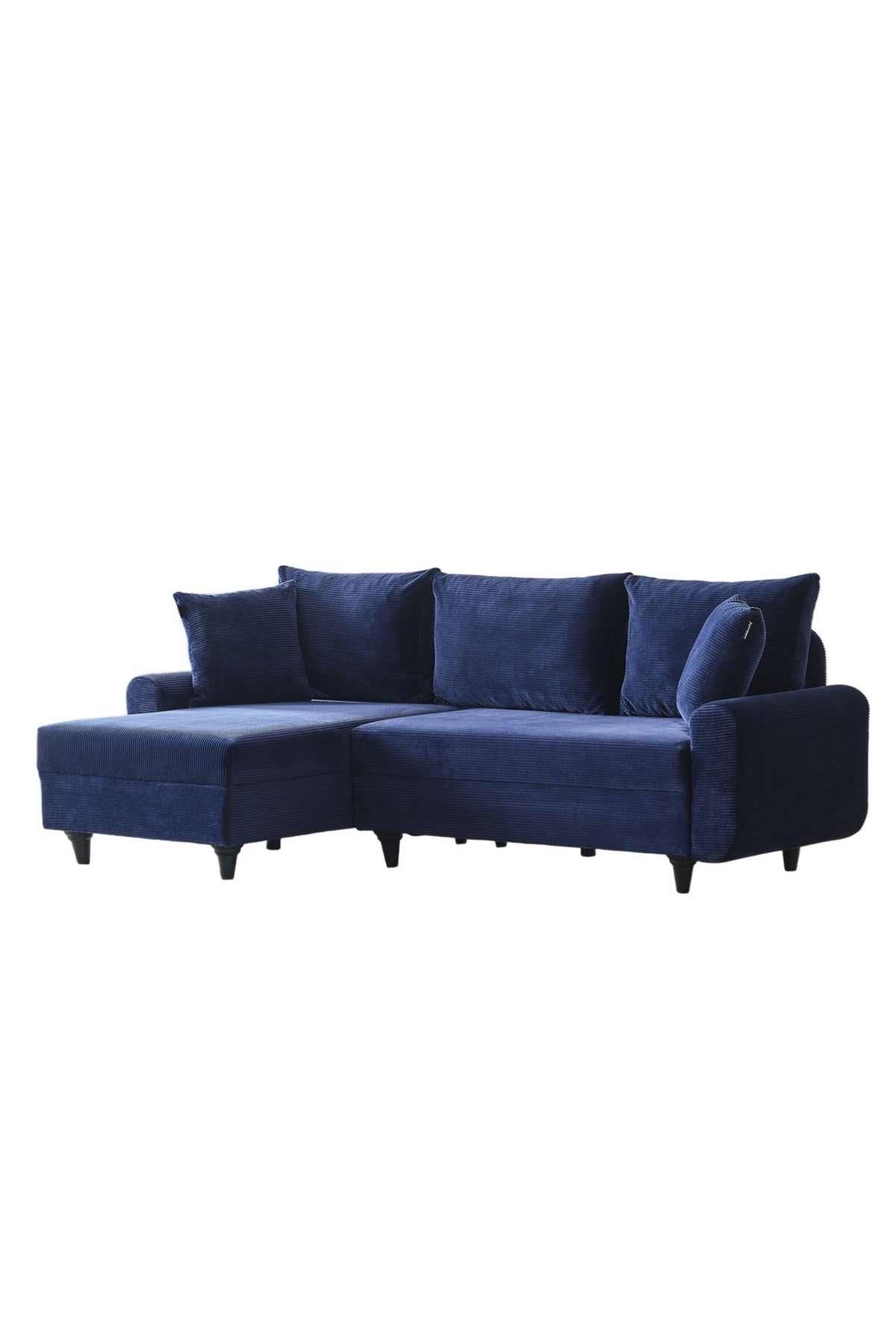Marineblaues Ecksofa Flavia von Hanah Home mit Metallgestell, Polyesterbezug in Leinenstruktur und Kunststoffbeinen im Wohnraum.
